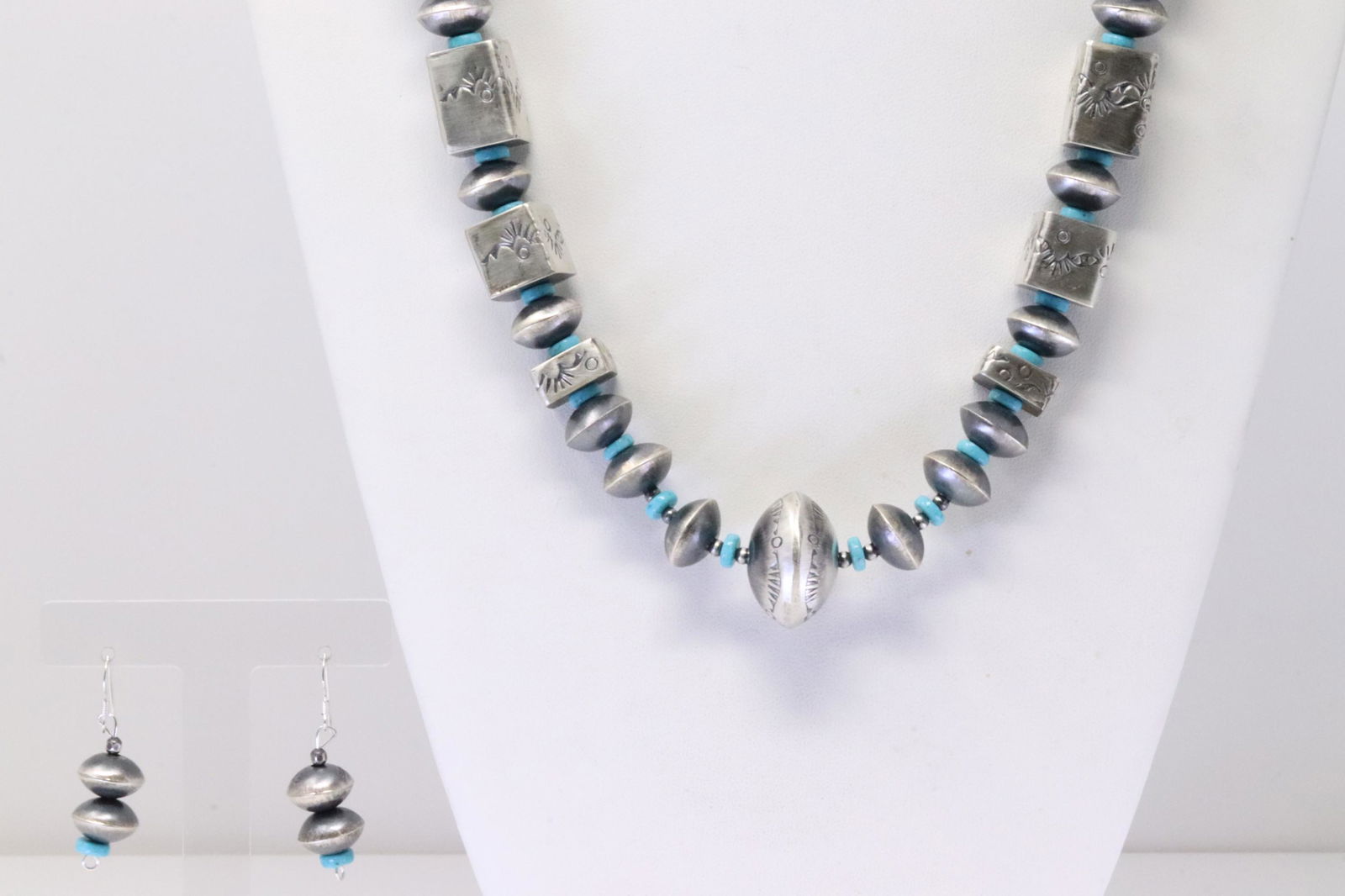 Native America Navajo Sterling Silver Bench Beads Turquoise Necklace & Earring's By Sophia Becenti. (1 of 6)