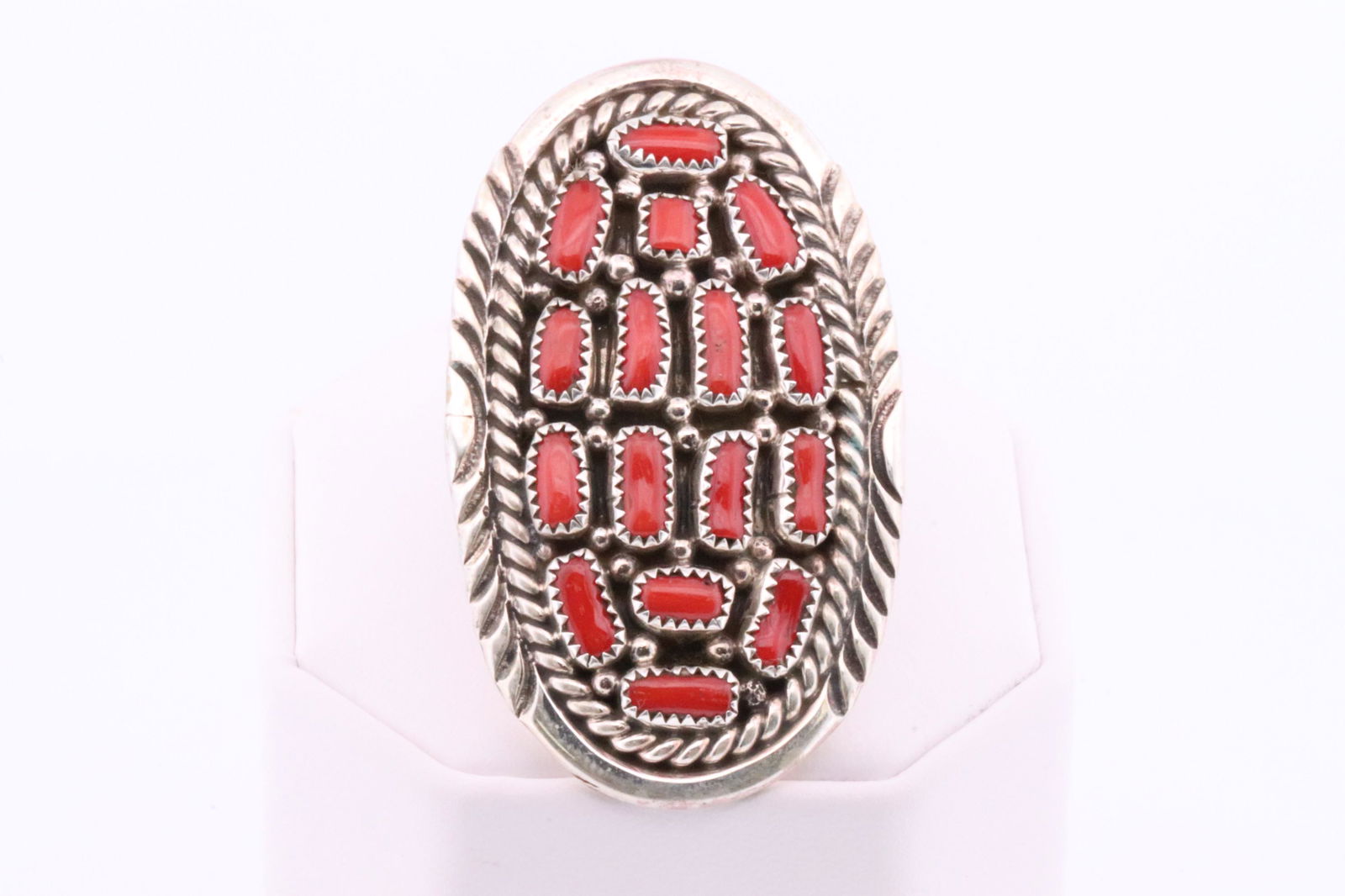 Native America Navajo Sterling Silver Coral Ring Cluster By M.H. (1 of 4)