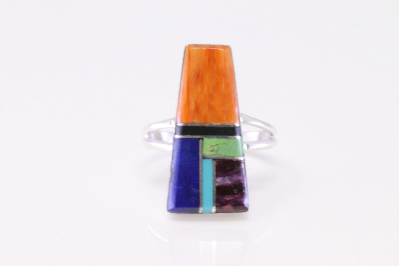 Native America Navajo Sterling Silver Multi-Color Inlay Ring By S.: This is a Native America Navajo Sterling Silver Multi-Color Inlay Ring By S. Ring size: 7.50.
