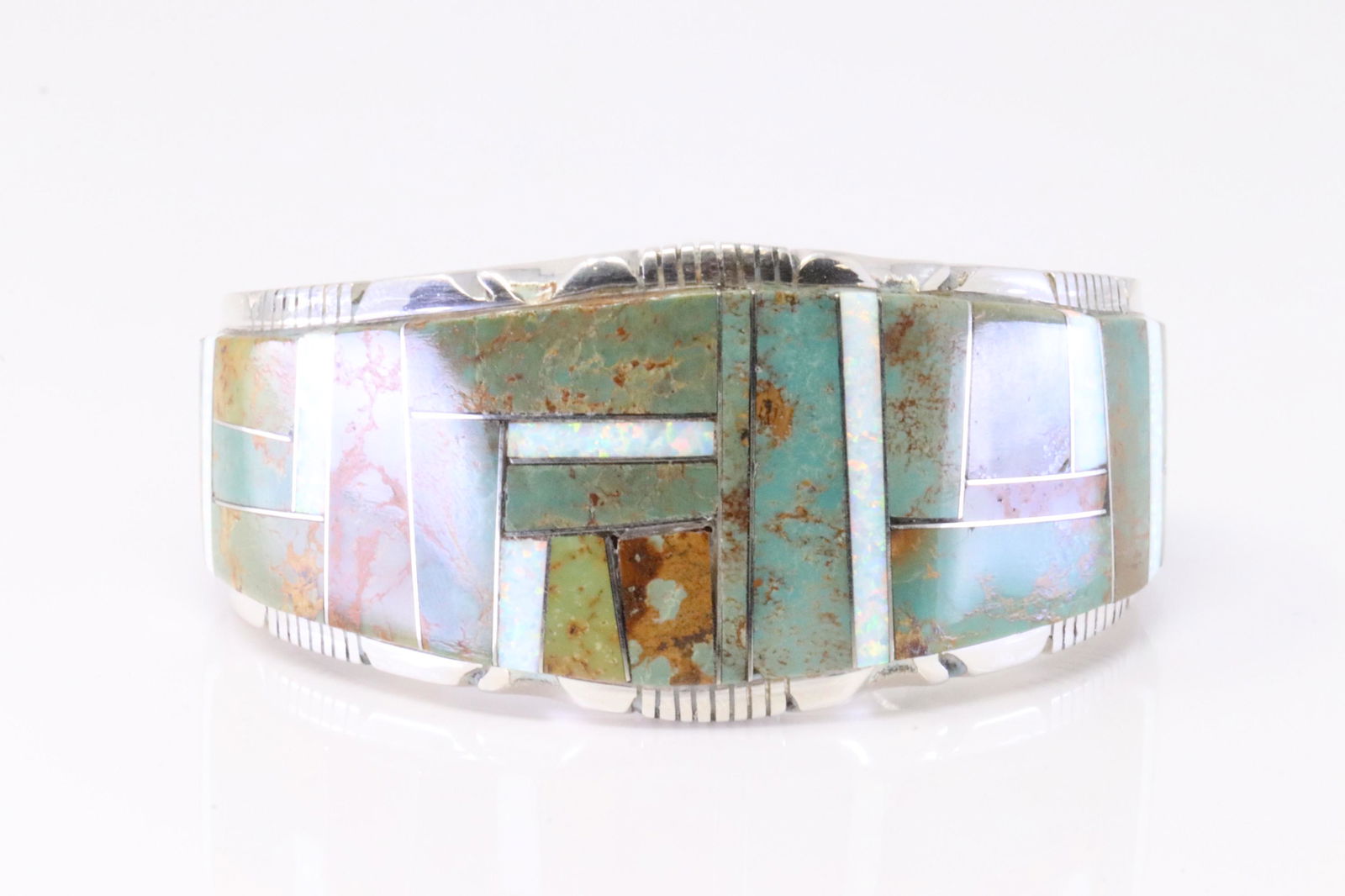 Native America Navajo Sterling Silver Opal & Turquoise Inlay Bracelet By S.F. (1 of 4)