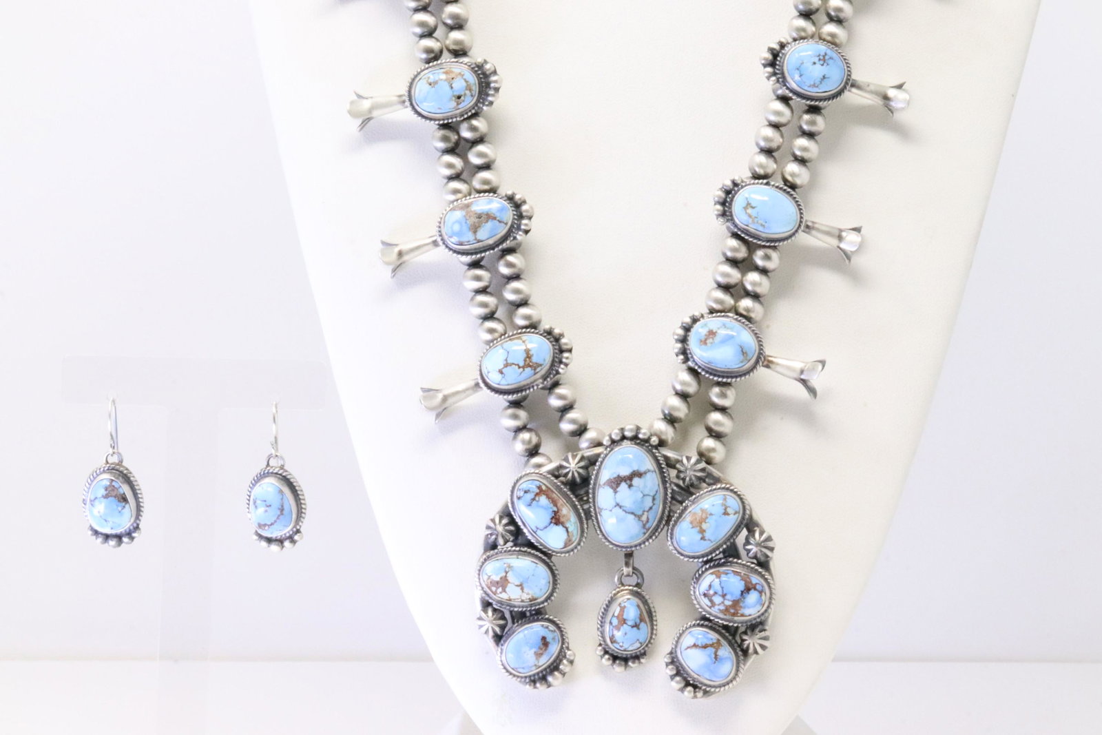 Native America Navajo Sterling Silver Golden Hills Turquoise Squash Blossom Necklace & Earring's Set: This is a Native America Navajo Sterling Silver Golden Hills Turquoise Squash Blossom Necklace & Earring's Set By Thomas Francisco. Necklace length: 26.00"
