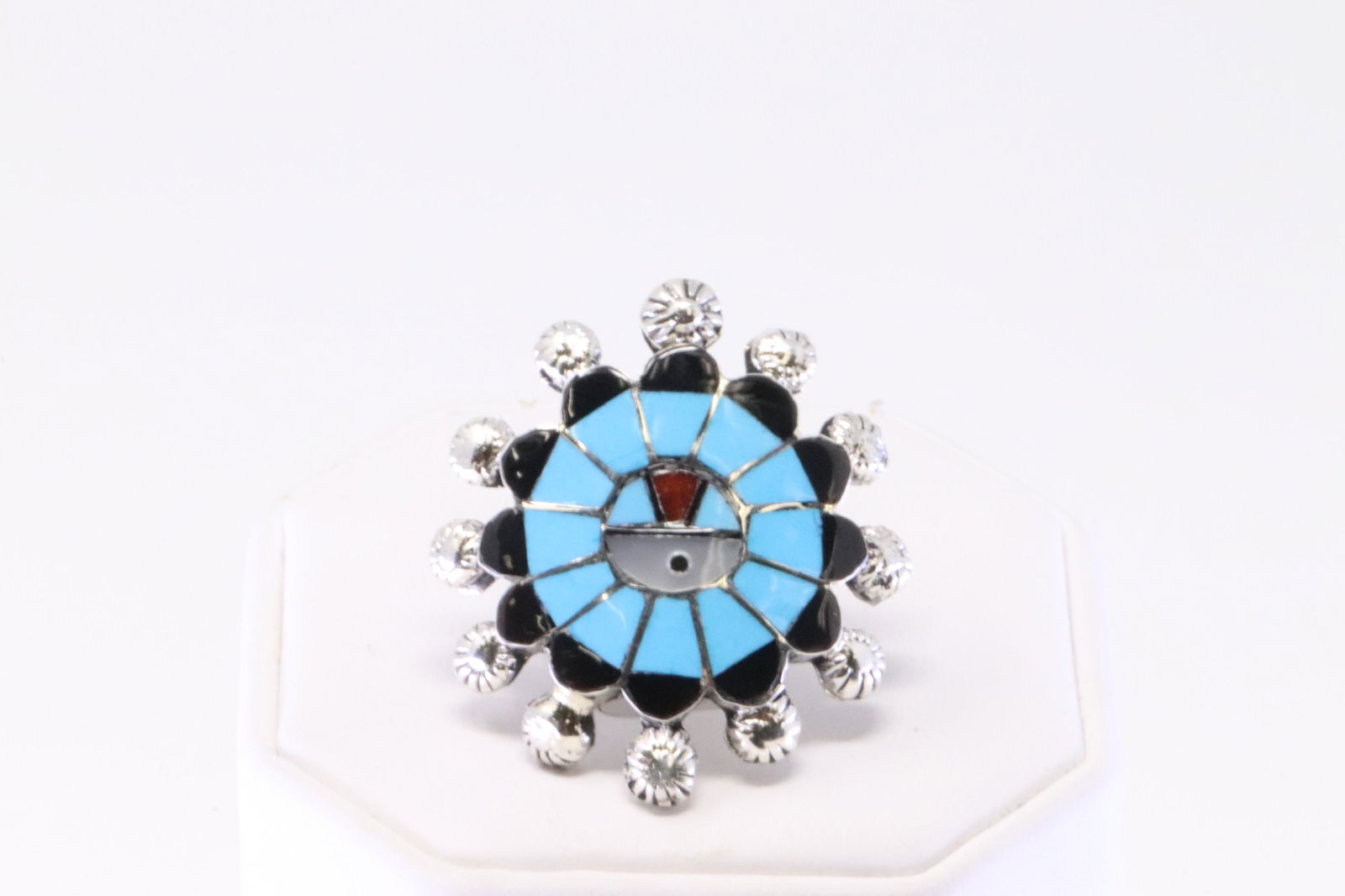 Native America Zuni Sterling Silver Multi-Color Inlay Sunface Ring By Abel Soseah. (1 of 4)
