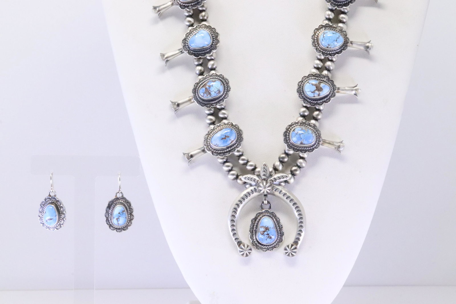 Native America Navajo Sterling Silver Golden Hills Turquoise Squash Blossom Necklace & Earring's Set: This is a Native America Navajo Sterling Silver Golden Hills Turquoise Squash Blossom Necklace & Earring's Set By Thomas Francisco. Necklace length: 30.00" Total weight: 176.00 Grams.
