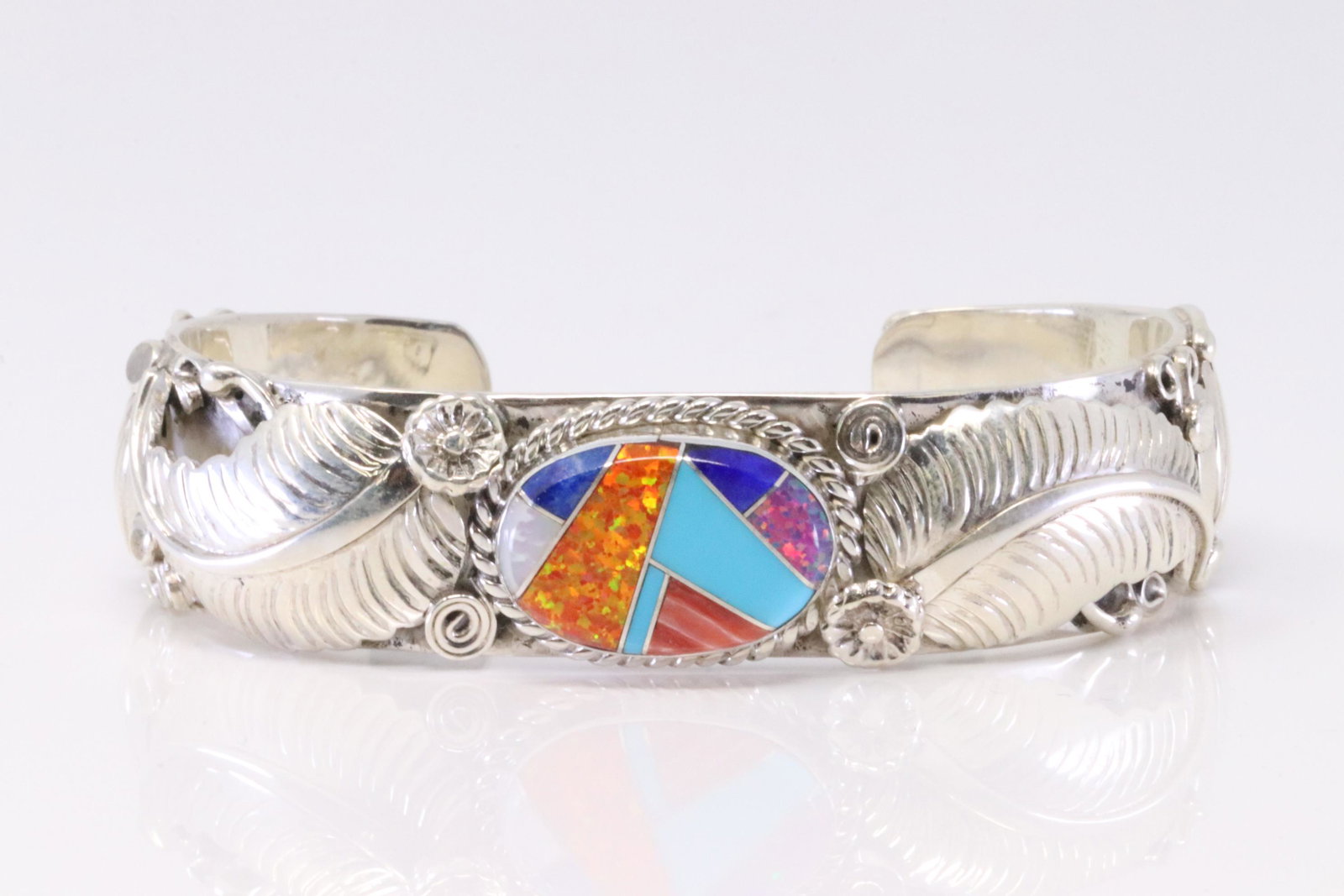 Native America Navajo Sterling Silver Multi-Color Stones Bracelet Cuff By P. (1 of 4)