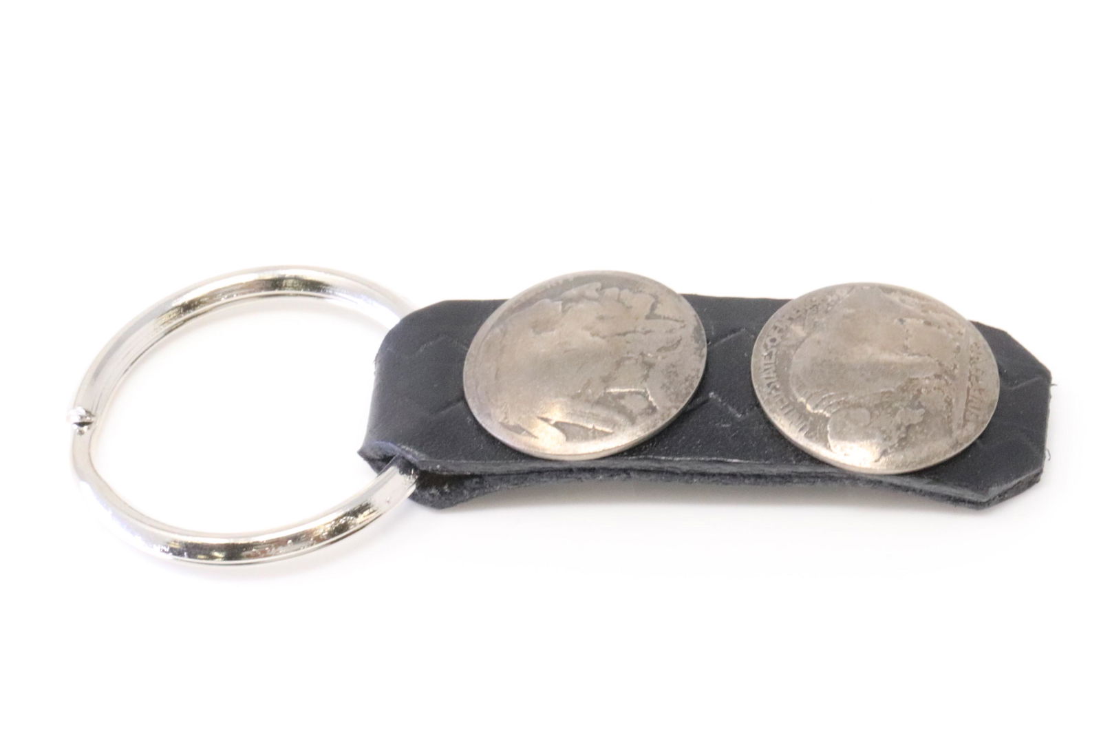 Native America Navajo Sterling Silver Double Buffalo Nickel Leather Strap Key Ring. (1 of 3)