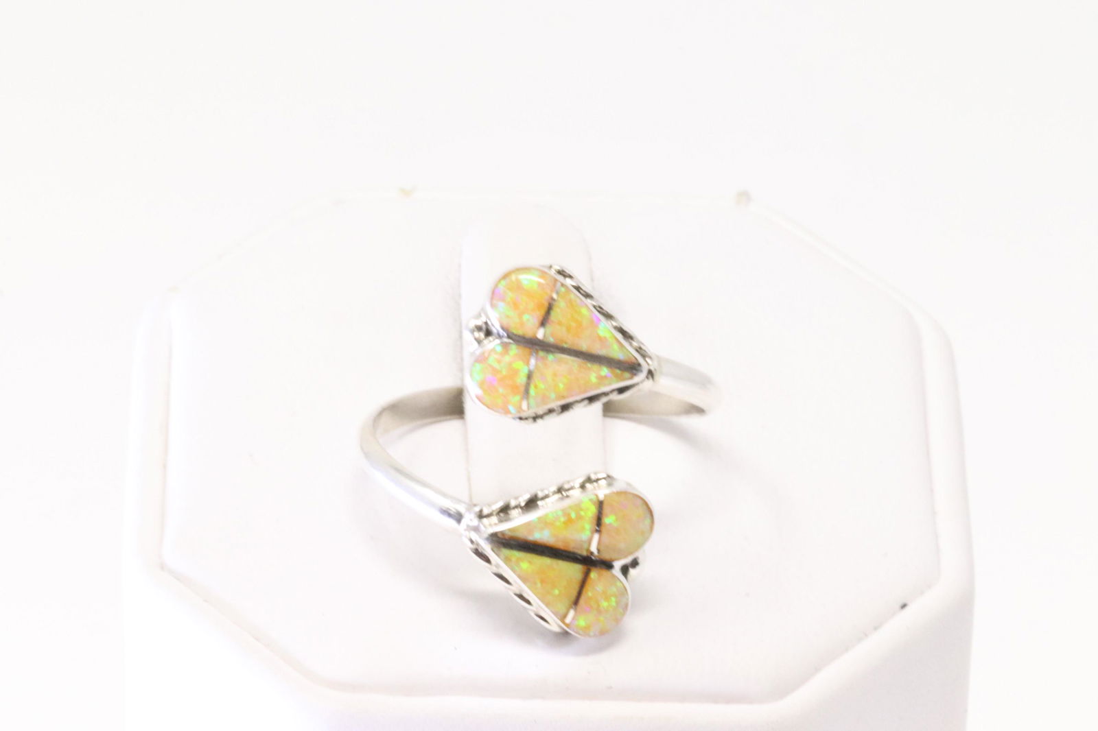 Native America Zuni Sterling Silver Yellow Opal Heart Ring By R.V.N. (1 of 4)