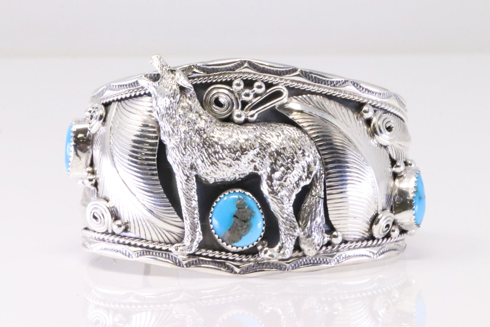 Native America Navajo Sterling Silver Turquoise Wolf Bracelet Cuff By D.M. (1 of 4)