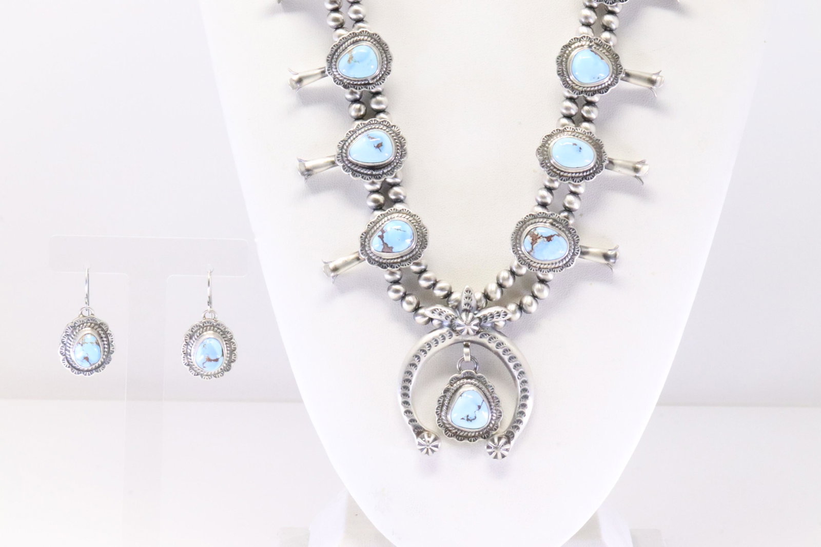 Native America Navajo Sterling Silver Golden Hills Turquoise Squash Blossom Necklace & Earring's Set: This is a Native America Navajo Sterling Silver Golden Hills Turquoise Squash Blossom Necklace & Earring's Set By Thomas Francisco. Necklace length: 30.00"