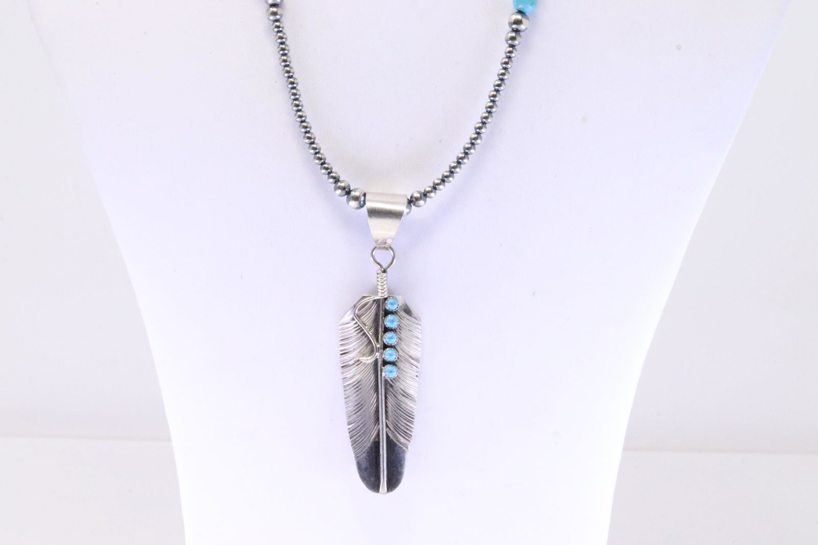 Native America Navajo Sterling Silver Turquoise Feather Pendant By B.Begay. With Turquoise / Beaded (1 of 4)