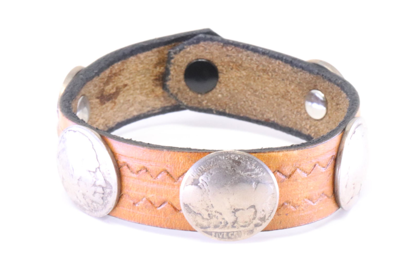 Native America Navajo Sterling Silver Buffalo Nickel Leather Bracelet. (1 of 4)