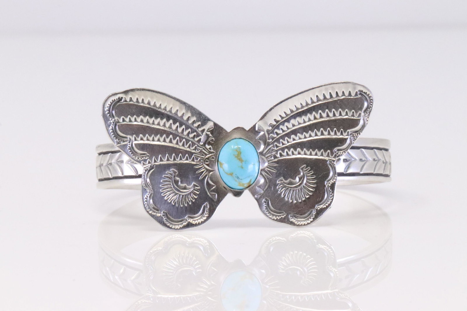 Native American Navajo Sterling Silver Kingman Turquoise Butterfly Bracelet By Rick Enriquez.: This is a Native American Navajo Sterling Silver Kingman Turquoise Butterfly Bracelet By Rick Enriquez.