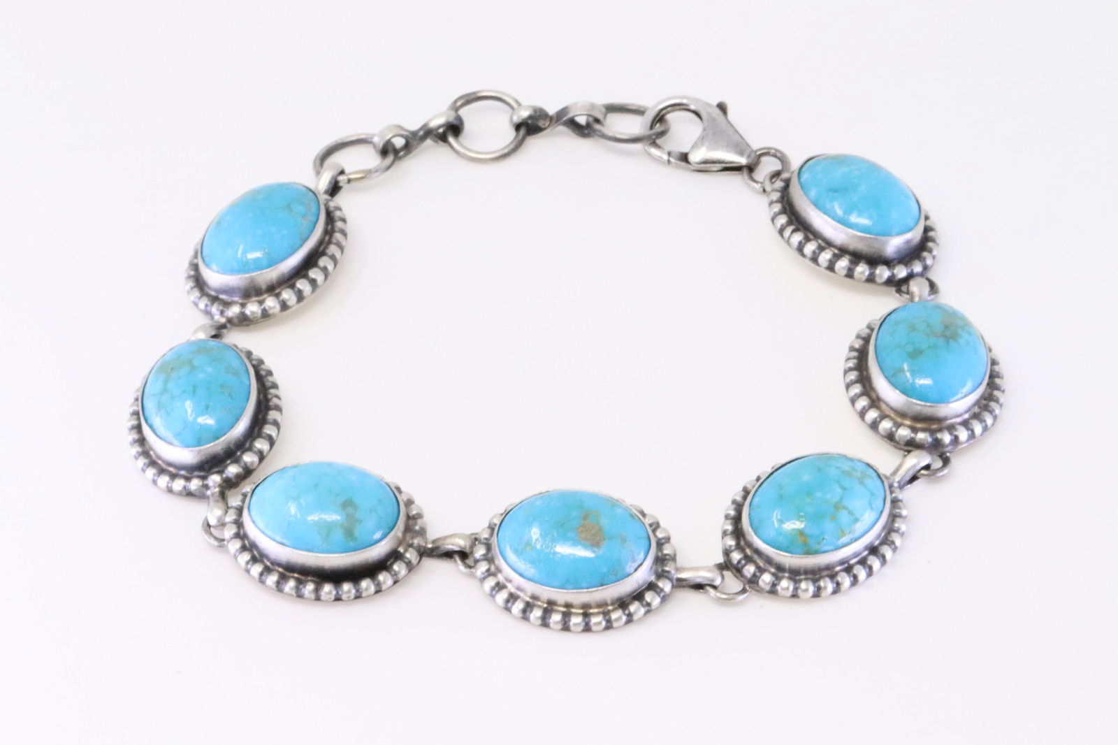 Native America Navajo Sterling Silver Kingman Turquoise Bracelet Link By Augustine Largo. (1 of 4)