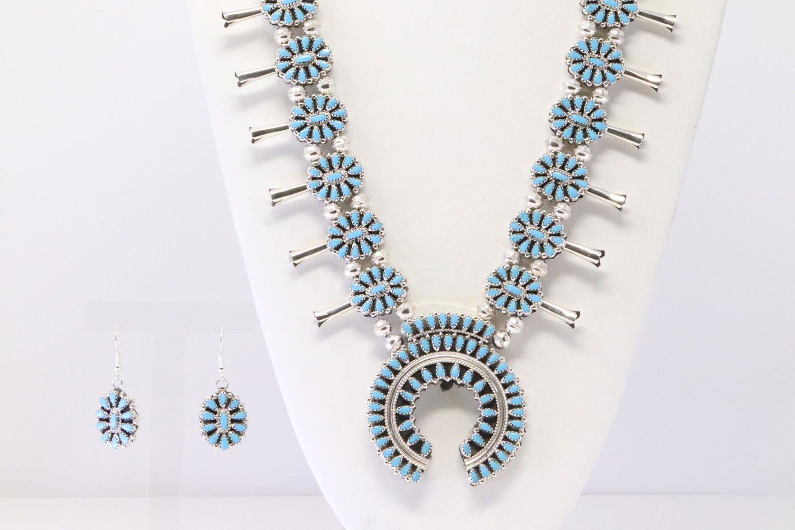 Native America Navajo Sterling Silver Synthetic White Buffalo & Turquoise Squash Blossom Necklace & (1 of 7)