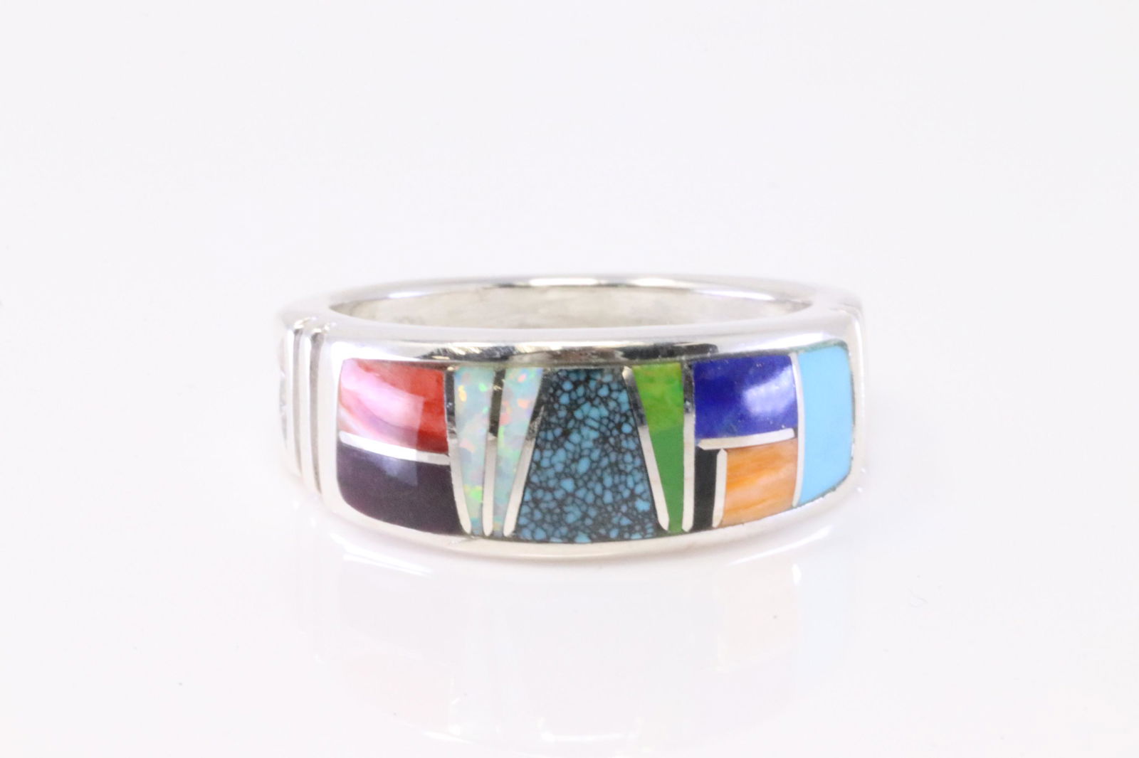 Native America Navajo Sterling Silver Multi-Color Inlay Ring By Rick T.: This is a Native America Navajo Sterling Silver Multi-Color Inlay Ring By Rick T. Ring size: 10.50.