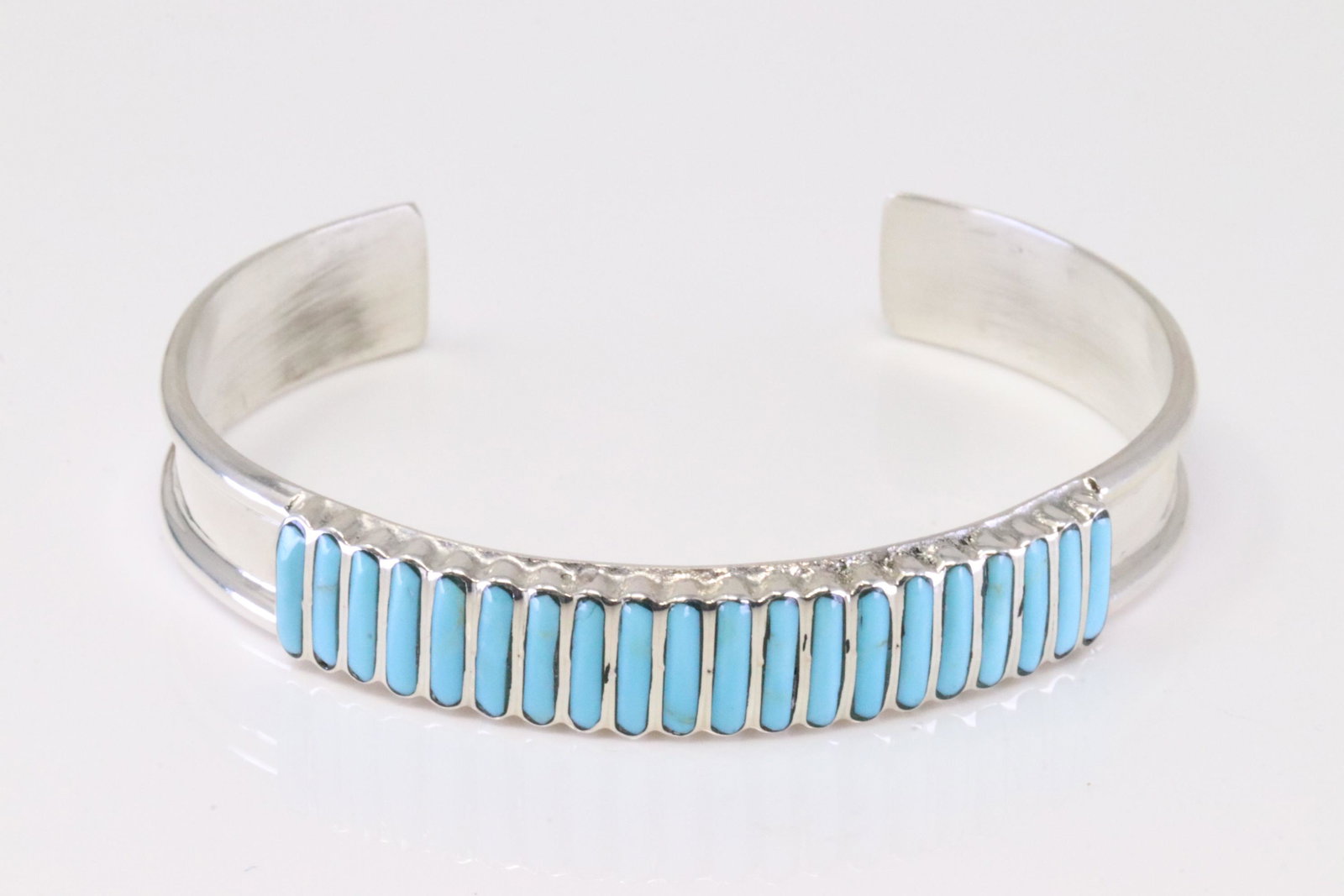 Native America Zuni Sterling Silver Turquoise Bracelet Cuff By Lucy Sheyka.: This is a Native America Zuni Sterling Silver Turquoise Bracelet Cuff By Lucy Sheyka.