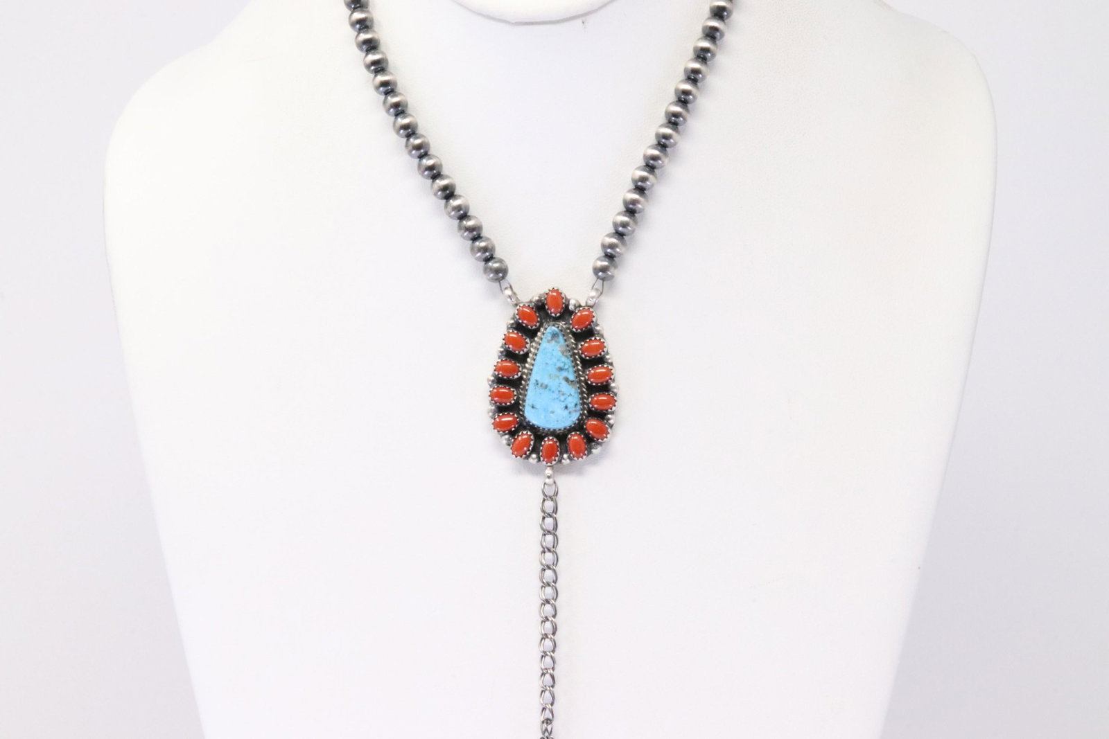 Native America Navajo Sterling Silver Coral / Turquoise Necklace By Tom Lewis.: This is a Native America Navajo Sterling Silver Coral / Turquoise Necklace By Tom Lewis. Necklace length: 18.00"