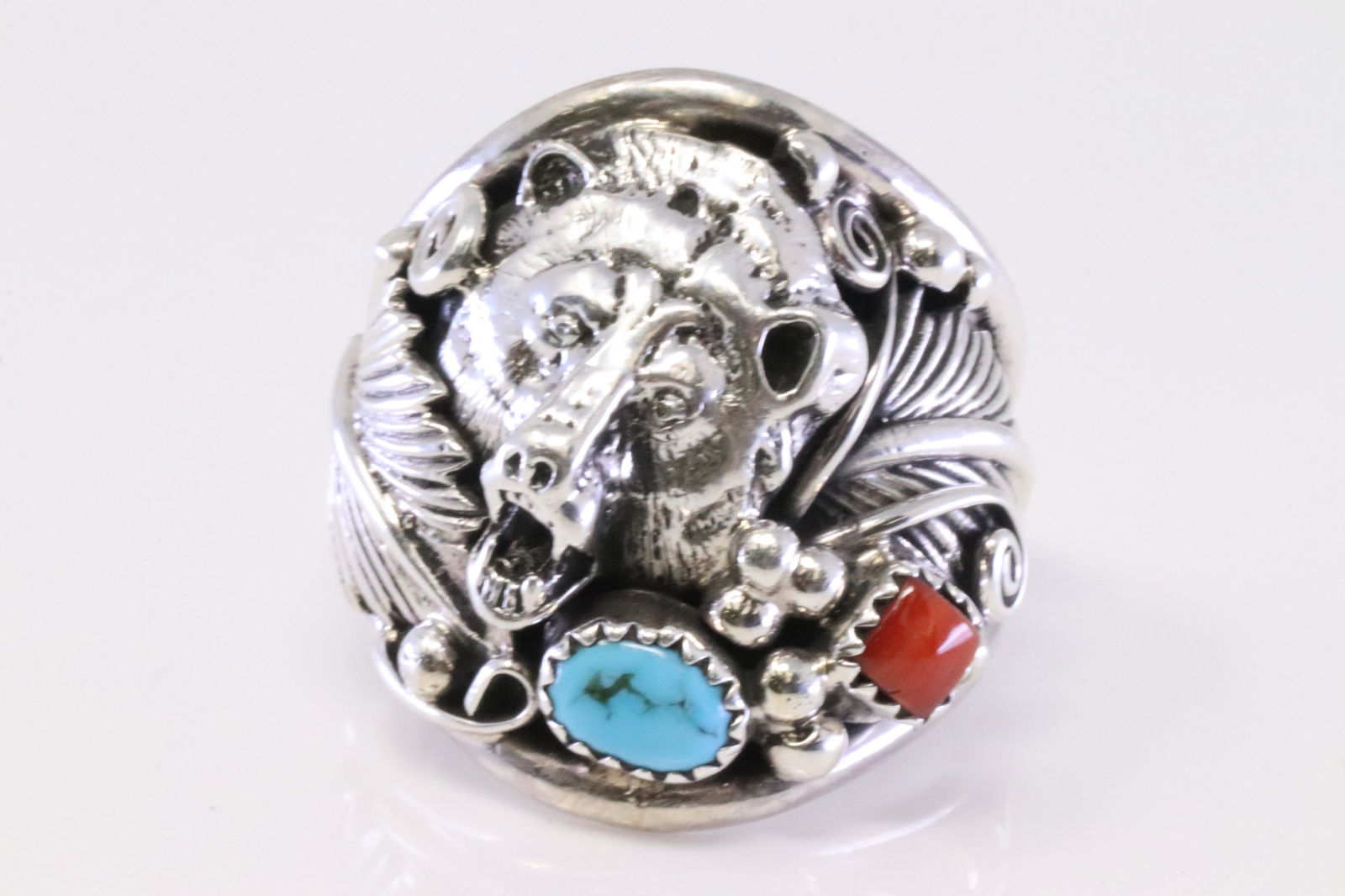 Native America Navajo Sterling Silver Coral & Turquoise Bear Ring By R.B. (1 of 4)