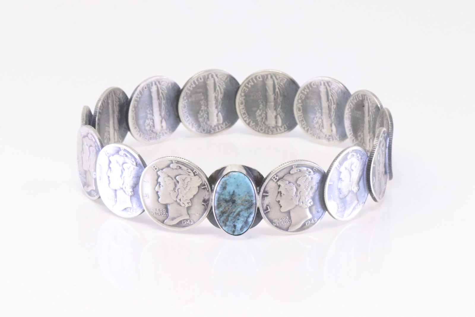 Native America Navajo Sterling Silver Turquoise Dimes Bangle Bracelet By James McCabe. (1 of 4)