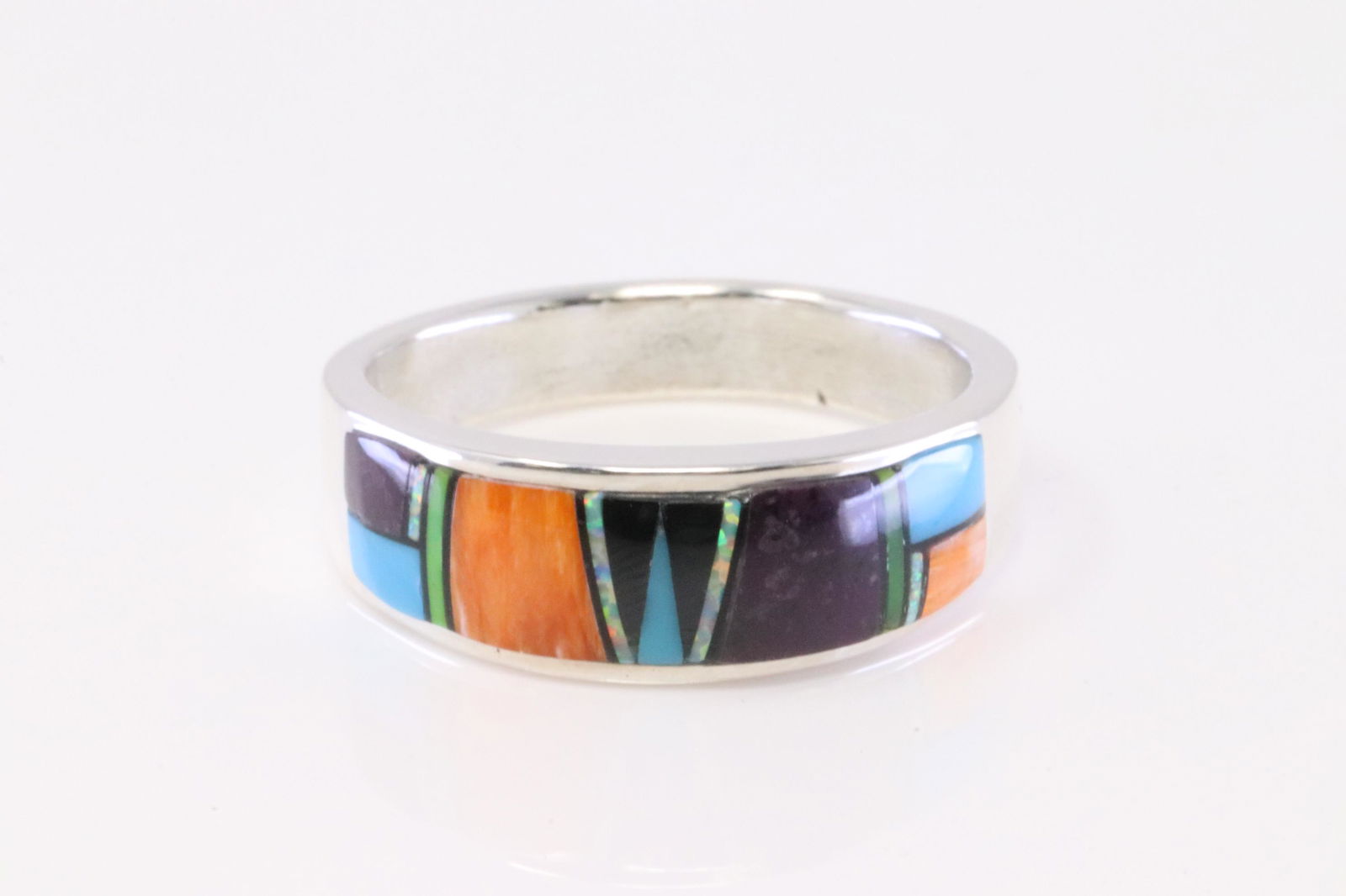 Native America Navajo Sterling Silver Multi-Color Inlay Ring By A.T.: This is a Native America Navajo Sterling Silver Multi-Color Inlay Ring By A.T. Ring size: 12.25.