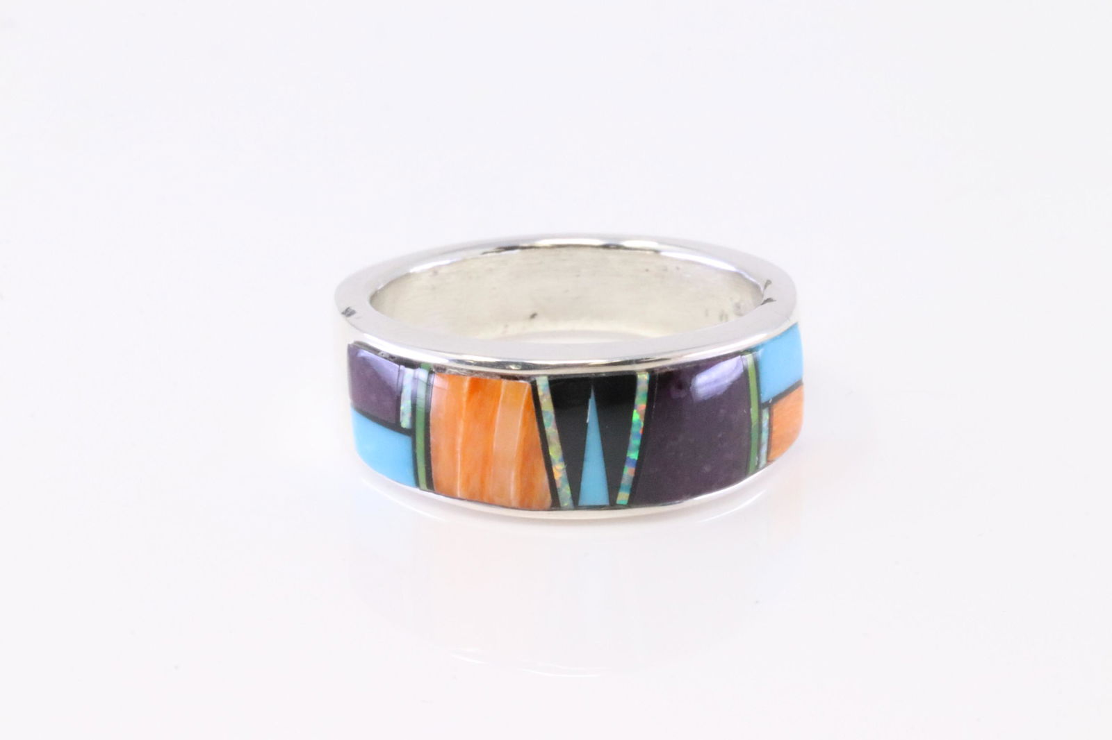 Native America Navajo Sterling Silver Multi-Color Inlay Ring By A.T.: This is a Native America Navajo Sterling Silver Multi-Color Inlay Ring By A.T. Ring size: 8.50.