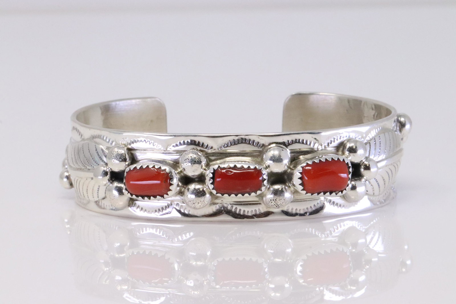 Native America Navajo Sterling Silver Coral Bracelet By Welbert Meyers.: This is a Native America Navajo Sterling Silver Coral Bracelet By Welbert Meyers.