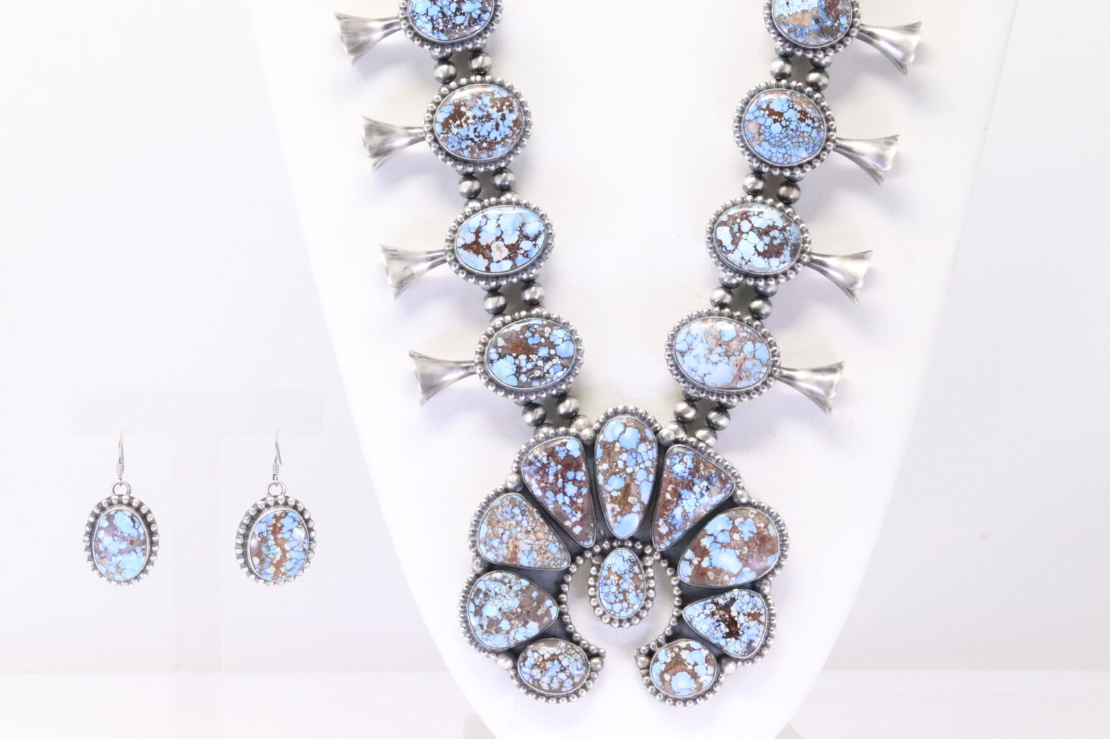 Native America Navajo Sterling Silver Golden Hills Turquoise Squash Blossom Necklace & Earring's Set (1 of 8)