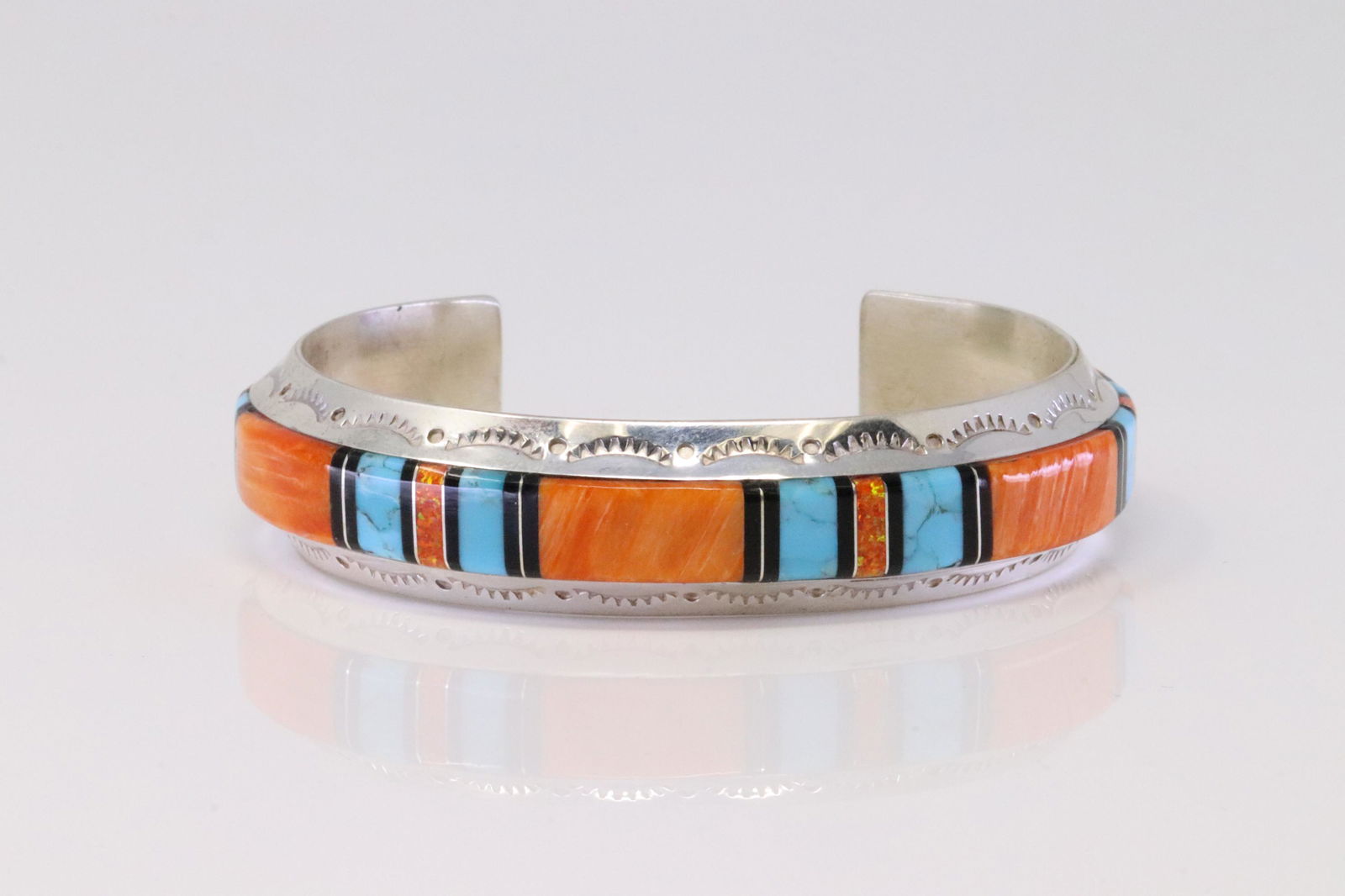 Native America Zuni Sterling Silver Multi-Color Stone Inlay Bracelet By G.Douglas. (1 of 4)