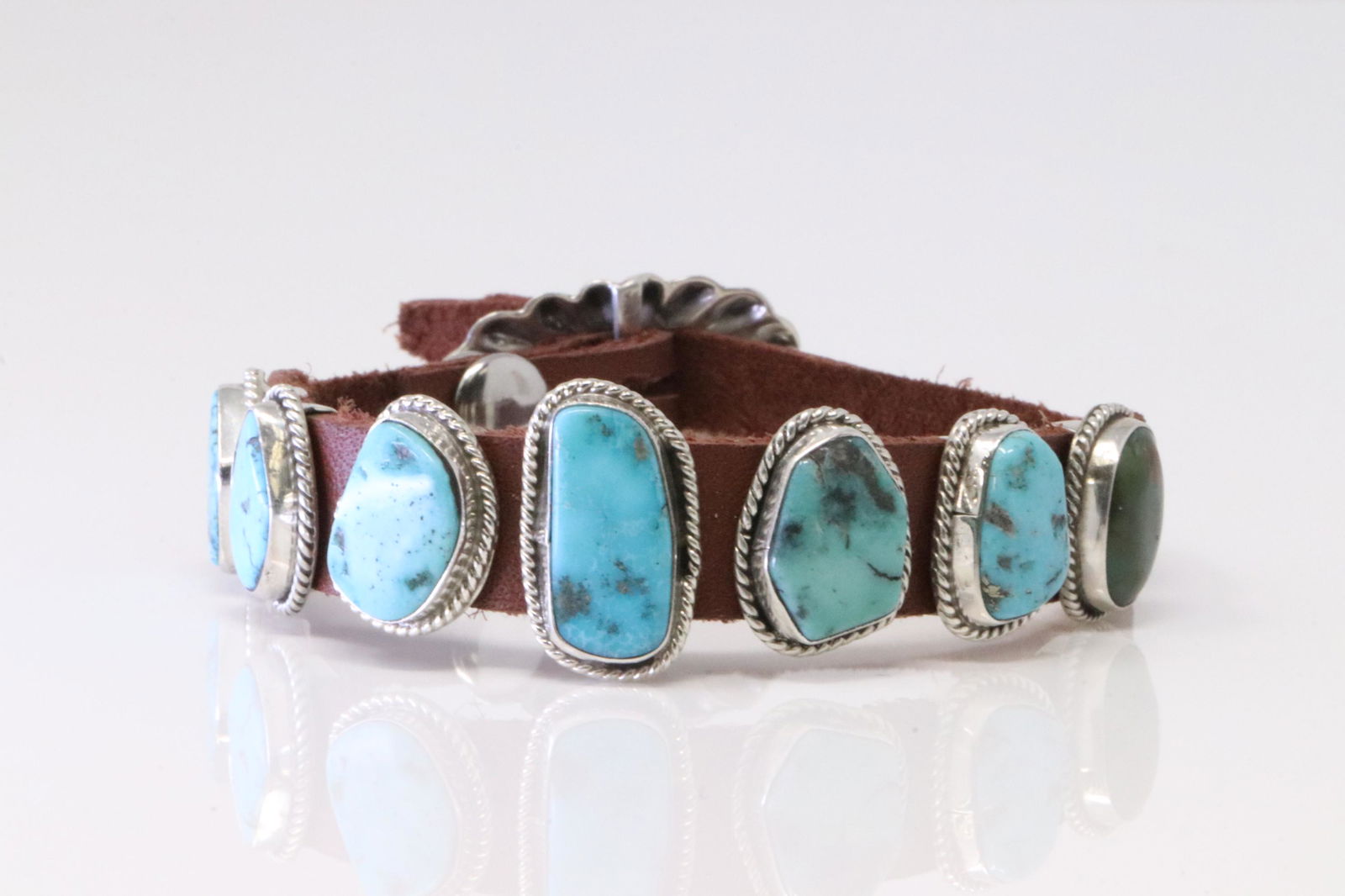 Native America Navajo Sterling Silver Turquoise Leather Bracelet By M. (1 of 4)