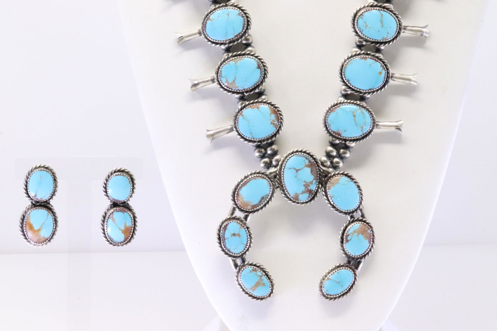 Native America Navajo Sterling Silver Turquoise Squash Blossom Necklace & Earring's Set. (1 of 8)