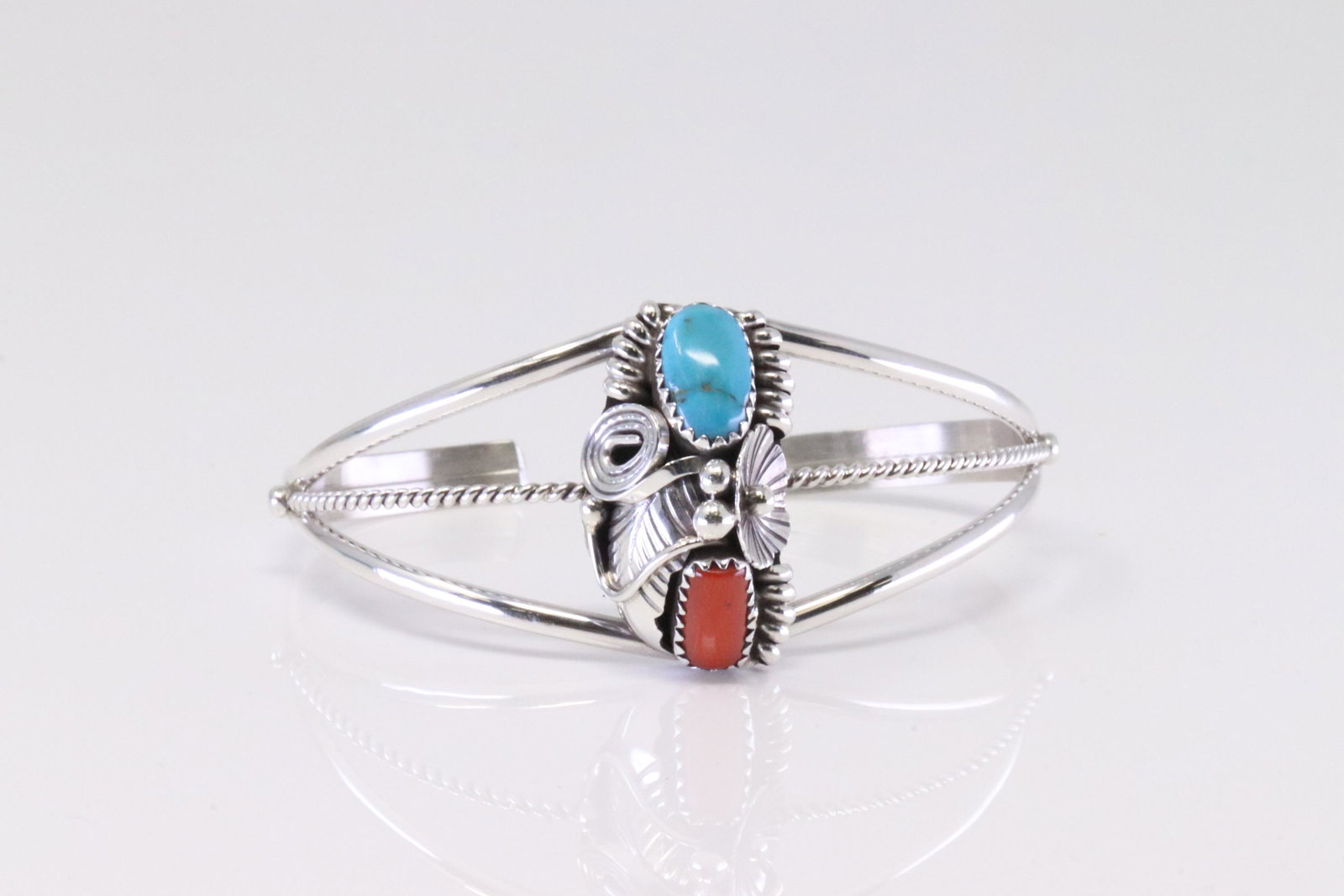 Native America Navajo Sterling Silver Coral & Turquoise Bracelet Cuff By Max Calladitto.: This is a Native America Navajo Sterling Silver Coral & Turquoise Bracelet Cuff By Max Calladitto.