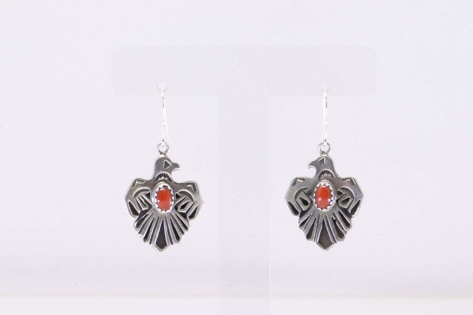 Native America Navajo Sterling Silver Coral Thunderbird Dangling Earring's By Paige Gordon.: This is a Native America Navajo Sterling Silver Coral Thunderbird Dangling Earring's By Paige Gordon.