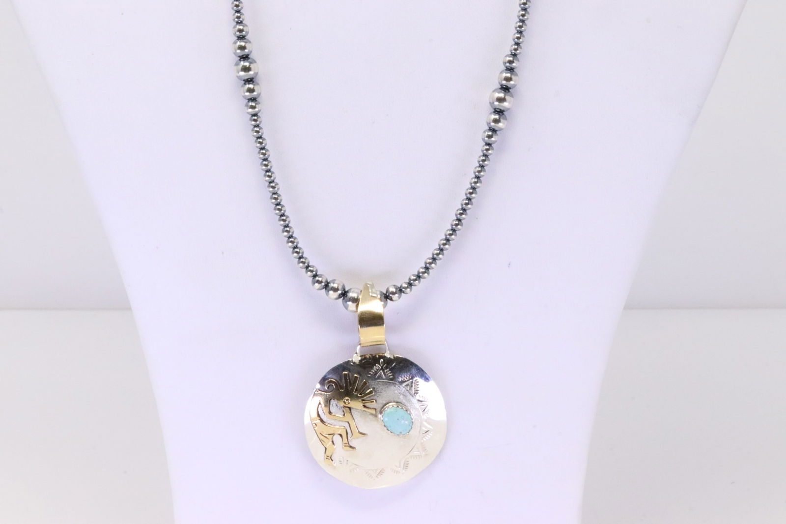 Native America Navajo Sterling Silver Turquoise Kokopelli Pendant With Pearl Beaded Sterling Silver (1 of 4)