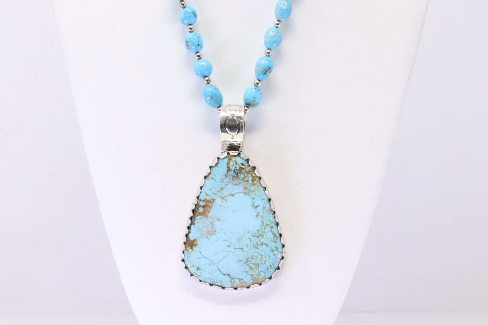 Native America Navajo Sterling Silver Number 8 Turquoise Pendant With Necklace By Danny Henio. (1 of 5)