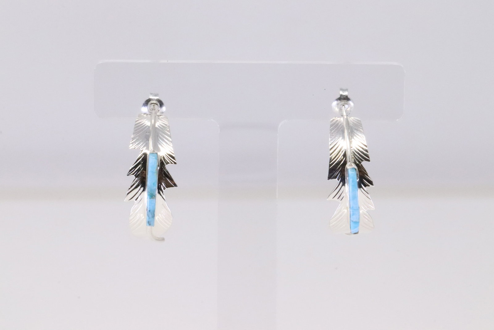 Native America Navajo Sterling Silver Turquoise Hoop Feather Earring's By Alan Barney.: This is a Native America Navajo Sterling Silver Turquoise Hoop Feather Earring's By Alan Barney.