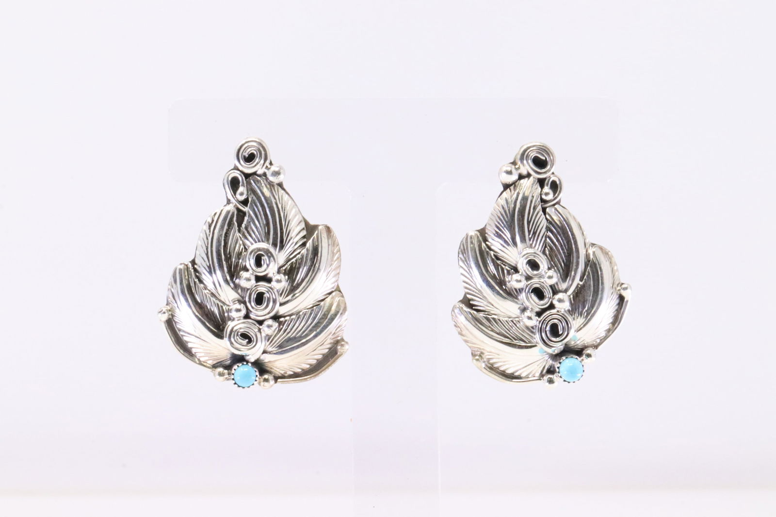 Native America Navajo Sterling Silver Turquoise Leaf Post Earring's By D.M. (1 of 4)
