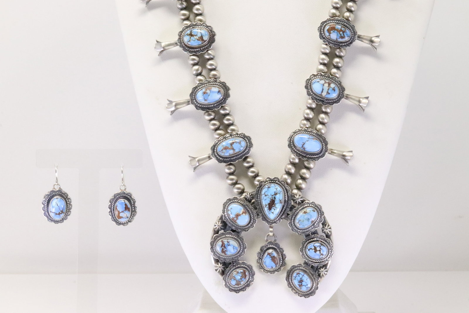 Native America Navajo Sterling Silver Golden Hills Turquoise Squash Blossom Necklace & Earring's Set: This is a Native America Navajo Sterling Silver Golden Hills Turquoise Squash Blossom Necklace & Earring's Set By Thomas Francisco. Necklace length: 26.00"