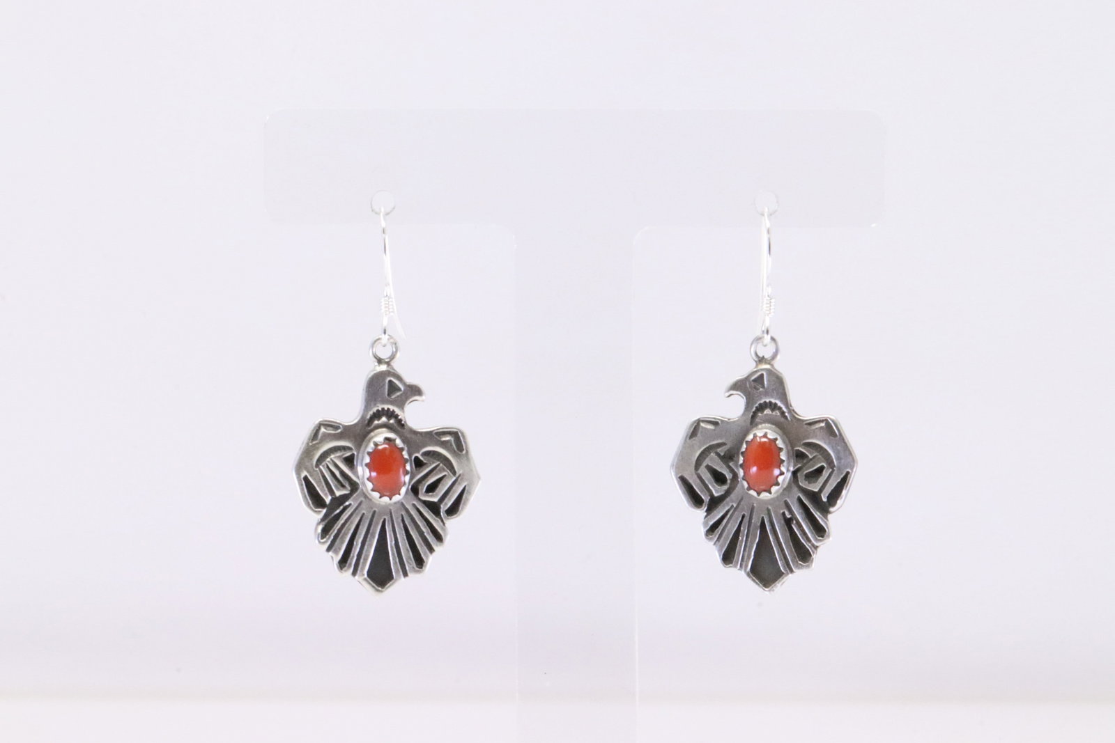 Native America Navajo Sterling Silver Coral Thunderbird Dangling Earring's By Paige Gordon.: This is a Native America Navajo Sterling Silver Coral Thunderbird Dangling Earring's By Paige Gordon.