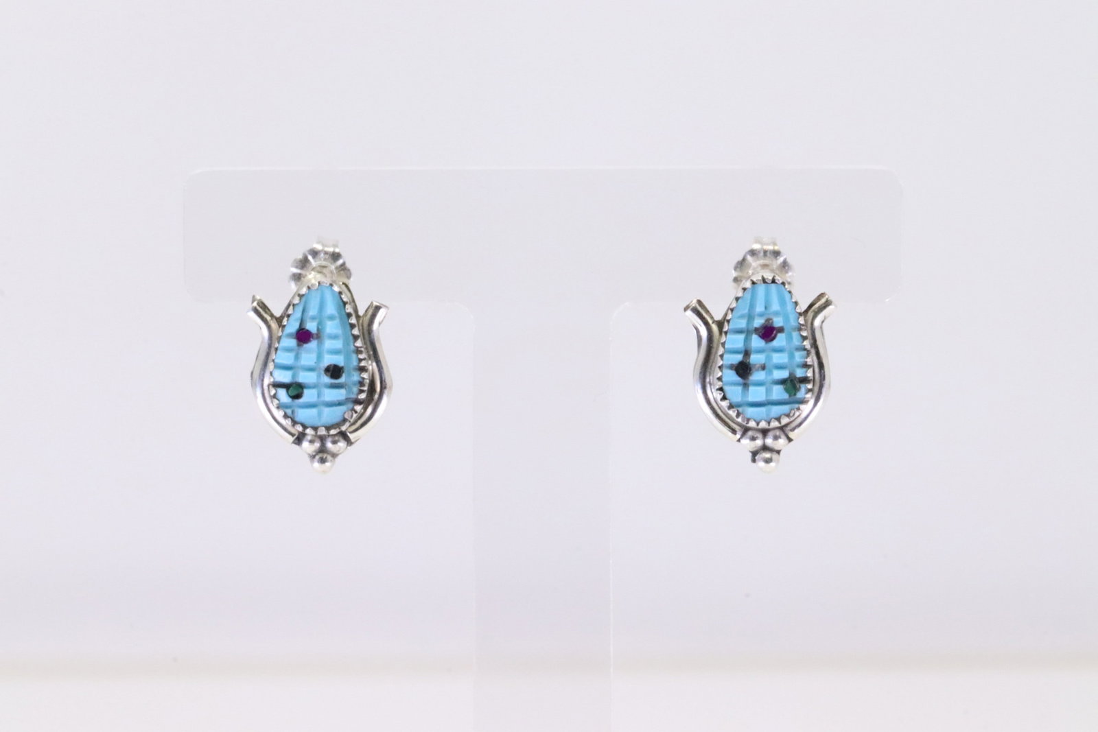 Native America Zuni Sterling Silver Multi-Color Corn Post Earring's By Tracy Bowekaty.: This is a Native America Zuni Sterling Silver Multi-Color Corn Post Earring's By Tracy Bowekaty.