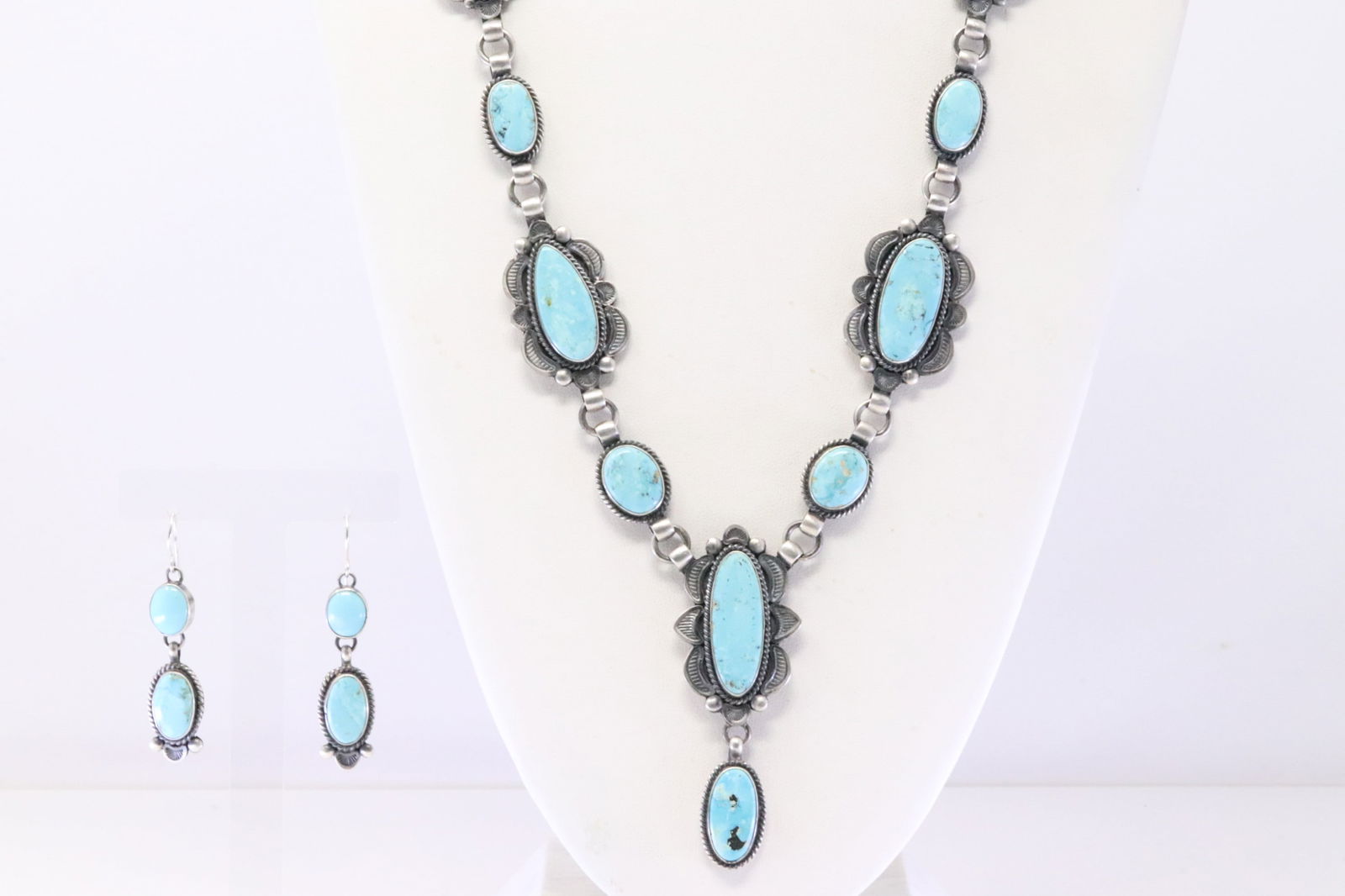 Native America Navajo Sterling Silver Turquoise Necklace & Earring's Set By Annie Hoskie. (1 of 6)