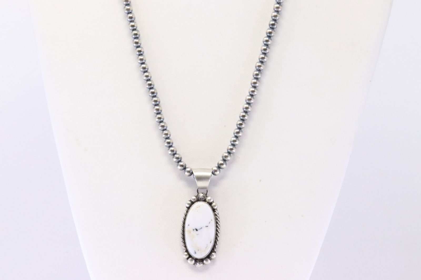 Native America Navajo Sterling Silver White Stone Pendant By Augustine Largo. With Pearl Beaded (1 of 4)
