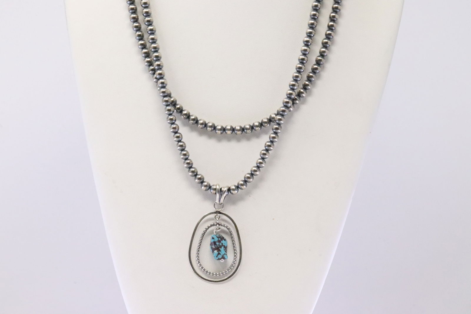 Native America Navajo Sterling Silver Turquoise Pendant with Pearl Beaded Sterling Silver Machine (1 of 4)