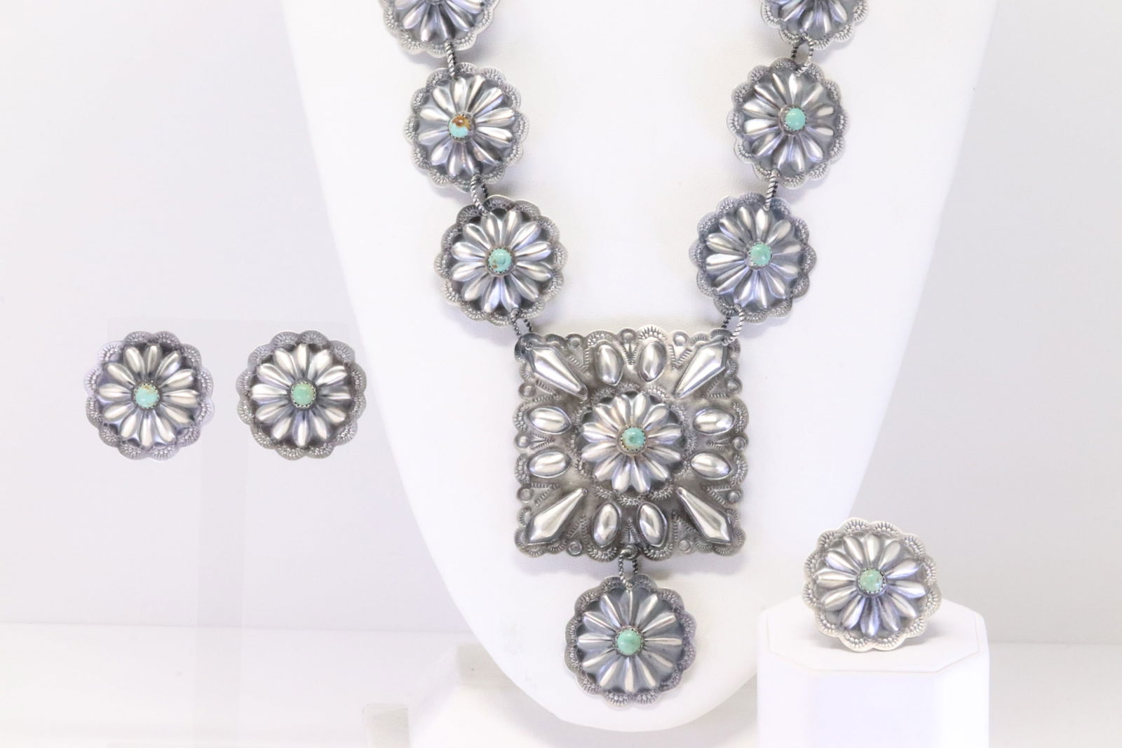 Native America Navajo Sterling Silver Kingman Turquoise Necklace / Post Earring's & Ring Set By (1 of 9)