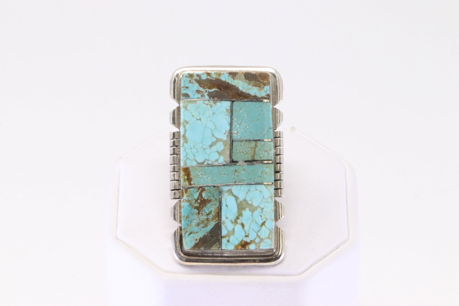 Native American Navajo Sterling Silver Turquoise Inlay Ring By B.E. (1 of 4)