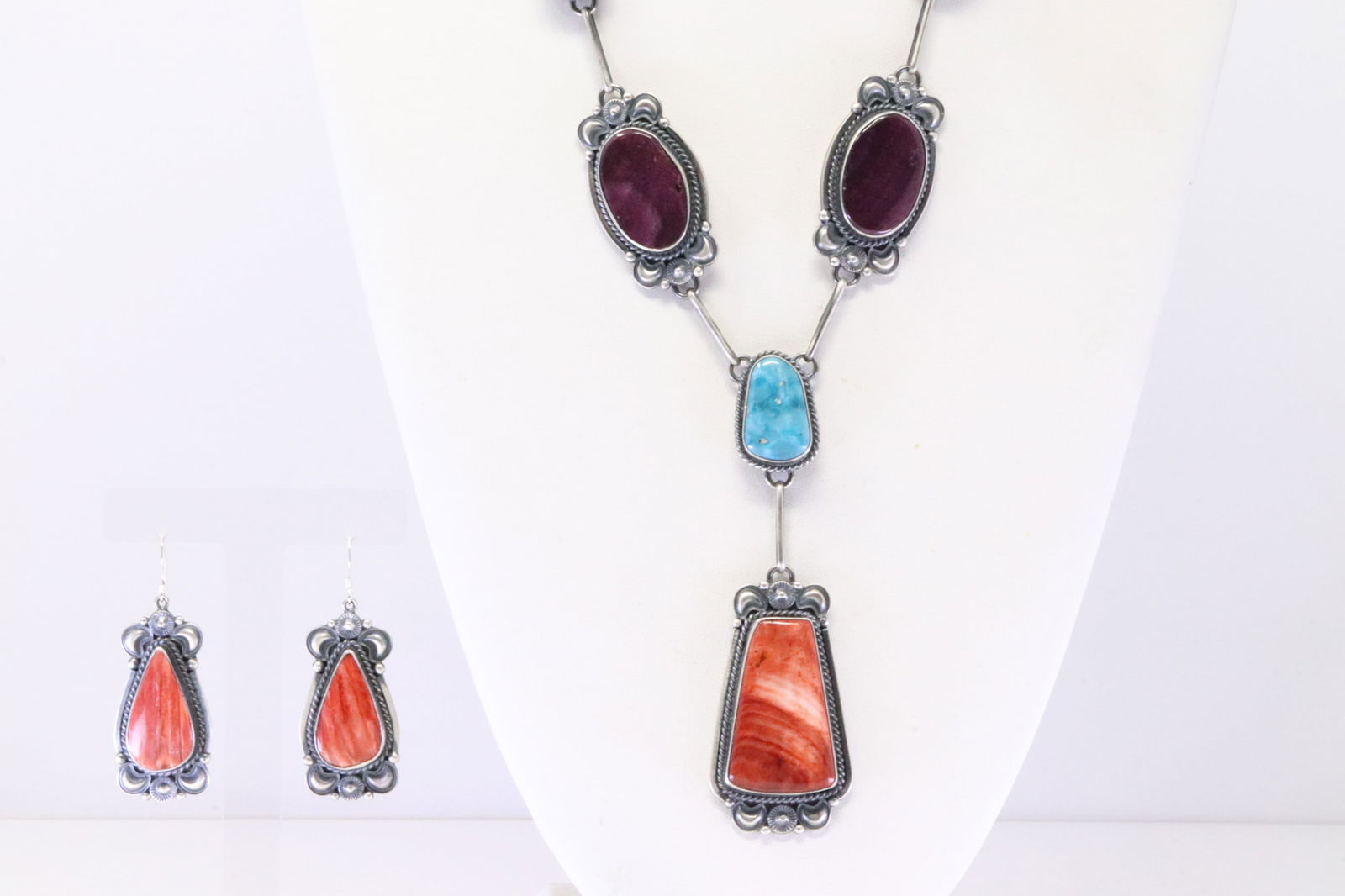 Native America Navajo Sterling Silver Spiny Oyster / Turquoise Necklace & Earring's Set By Errick. (1 of 6)