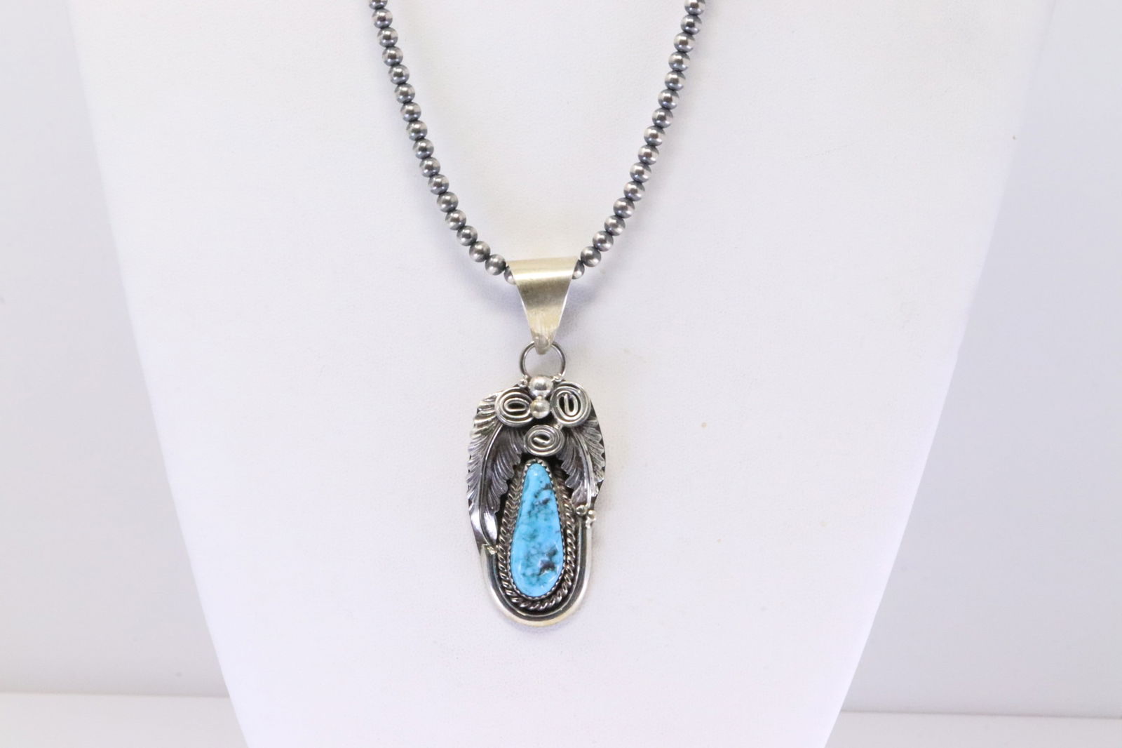 Native America Navajo Sterling Silver Turquoise Pendant By M. With Pearl Beaded Sterling Silver (1 of 4)