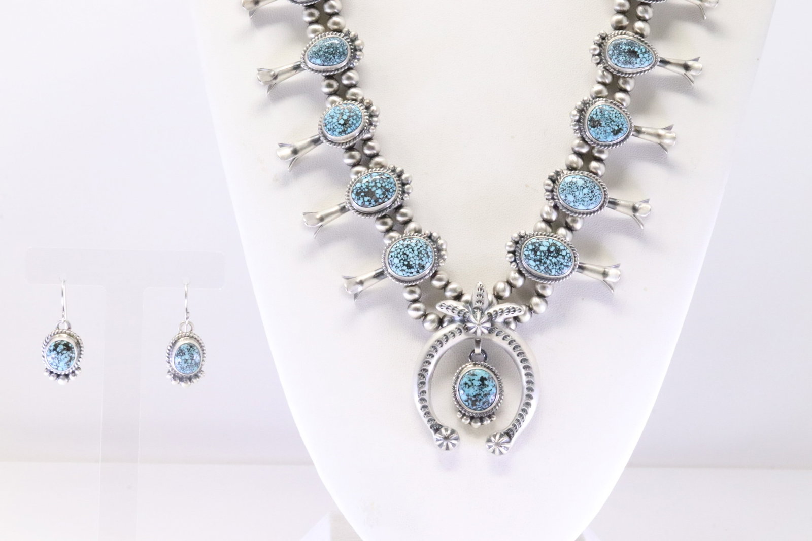 Native America Navajo Sterling Silver Golden Hills Turquoise Squash Blossom Necklace & Earring's Set: This is a Native America Navajo Sterling Silver Golden Hills Turquoise Squash Blossom Necklace & Earring's Set By Thomas Francisco. Necklace length: 26.00"