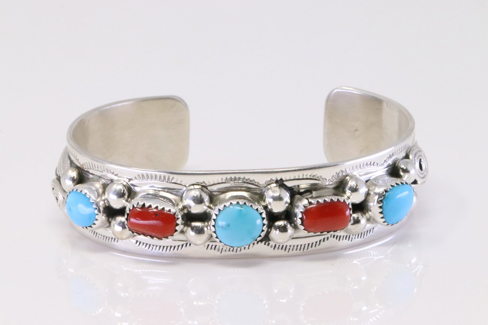 Native America Navajo Sterling Silver Coral / Tiurquoise Bracelet By Welbert Meyers.: This is a Native America Navajo Sterling Silver Coral / Turquoise Bracelet By Welbert Meyers.