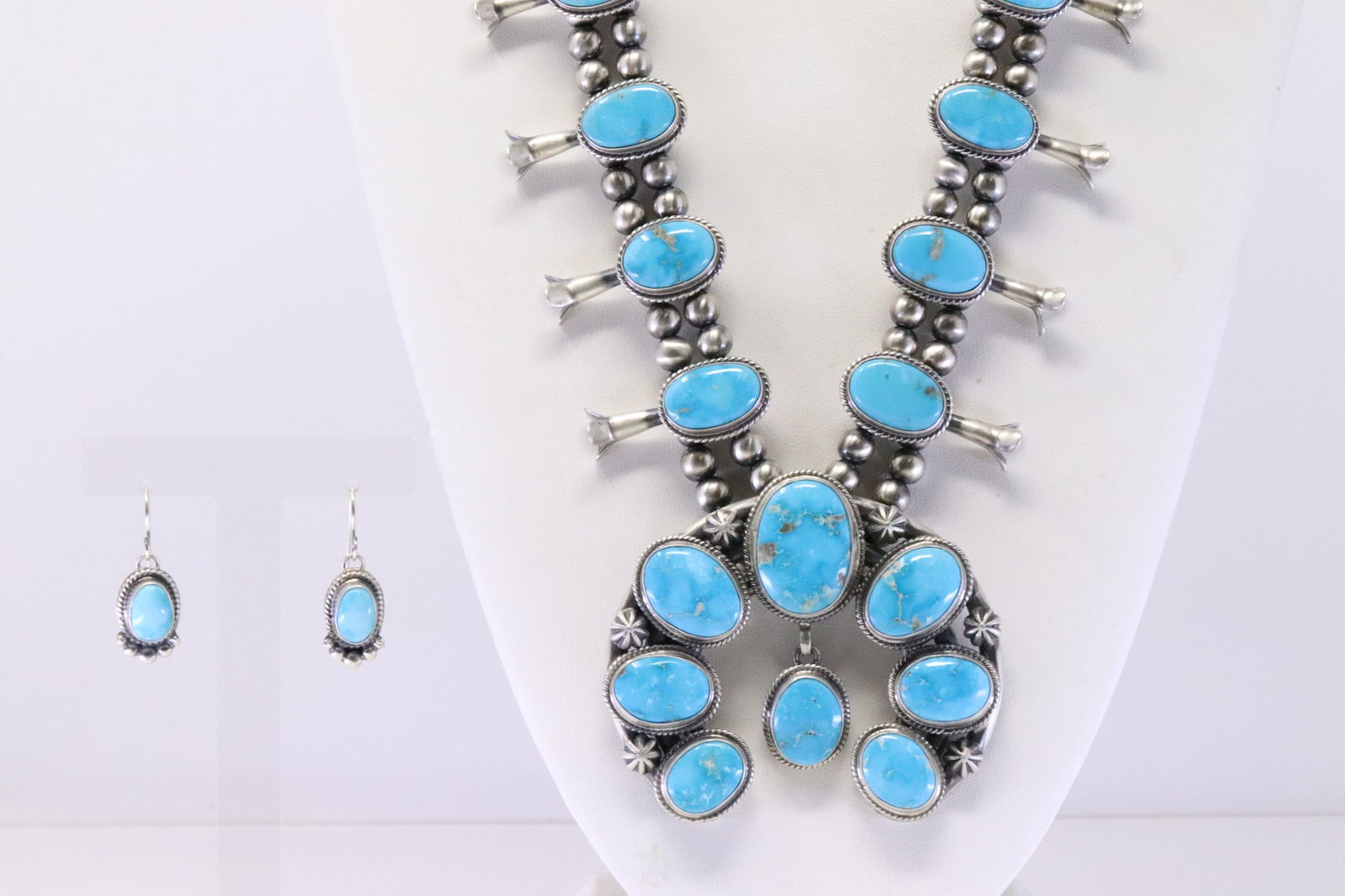 Native American Navajo Sterling Silver Turquoise Squash Blossom Necklace & Earring's Set By Thomas (1 of 8)