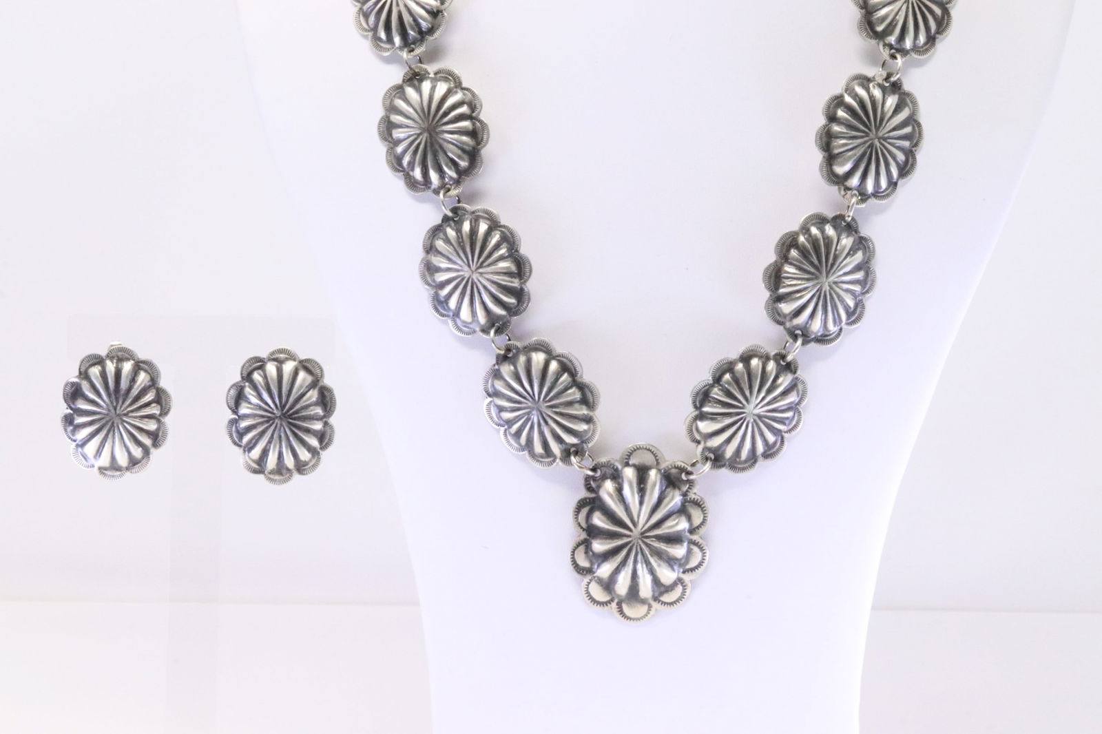 Native American Navajo Sterling Silver Concho Necklace & Earring's Set By Joan Begay. (1 of 5)