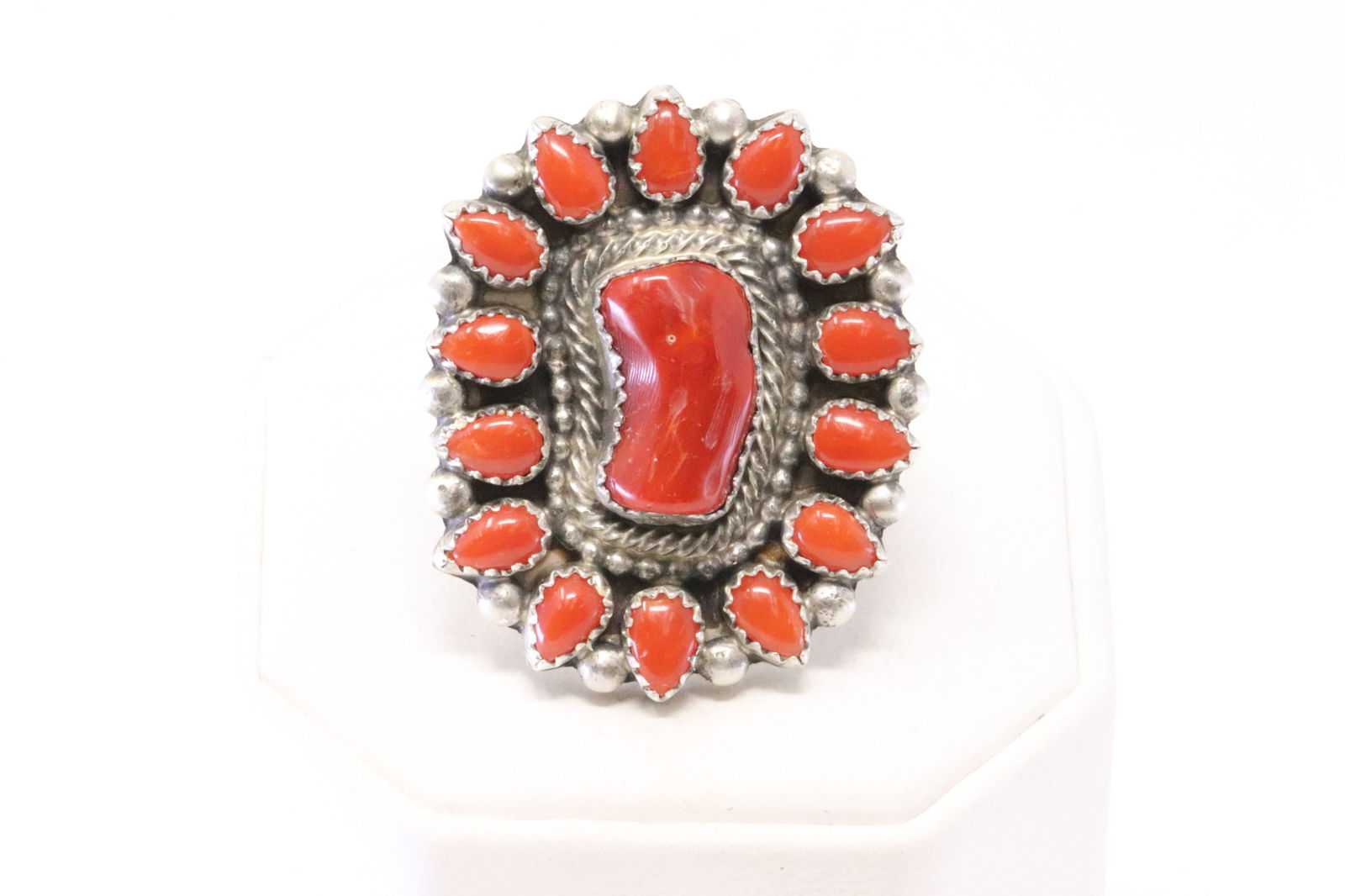 Native America Navajo Sterling Silver Coral Ring By Tom Lewis. (1 of 4)